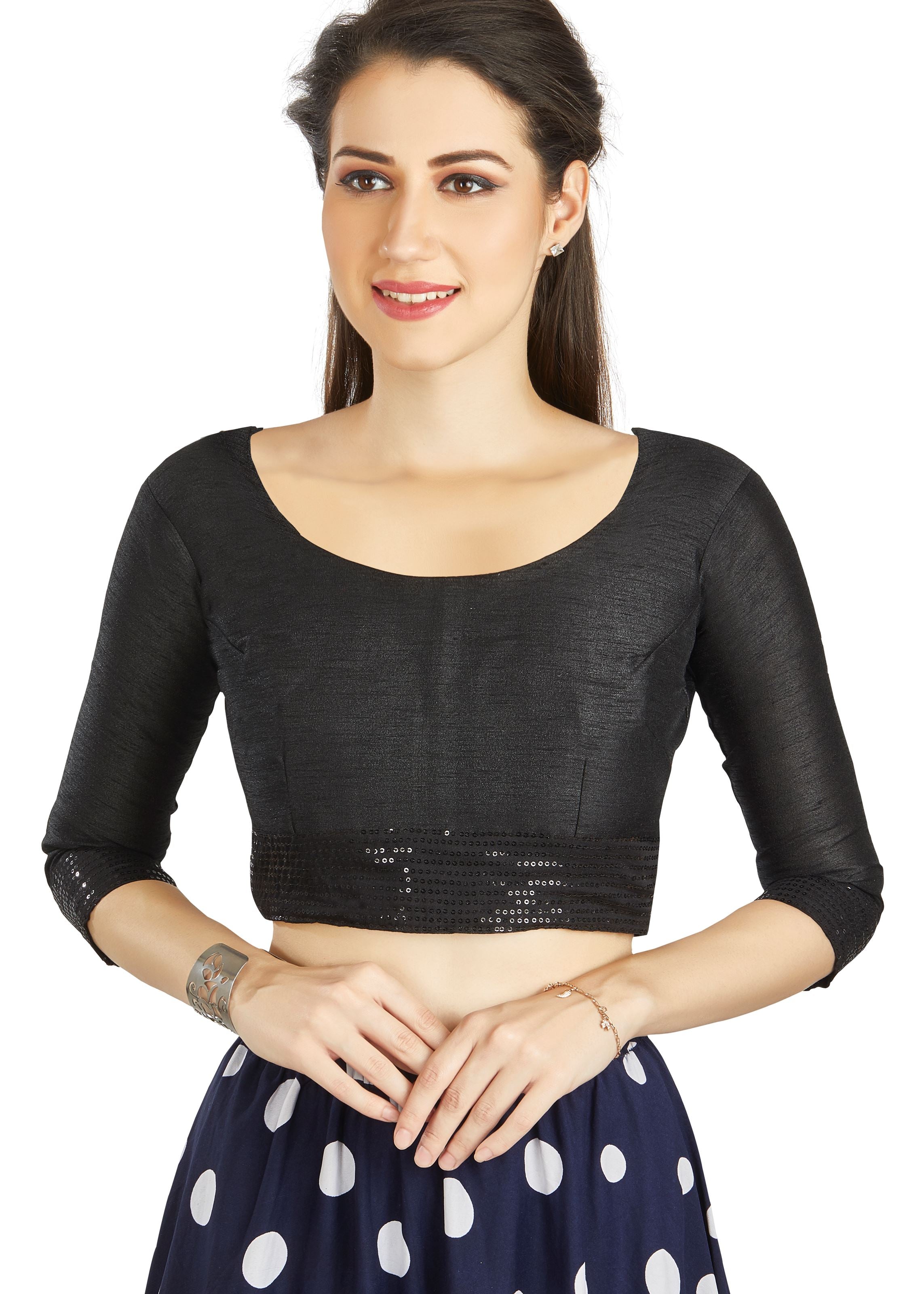 Black Art Silk Round Neck Blouse With Sequence Border in Sleeves Or Weast