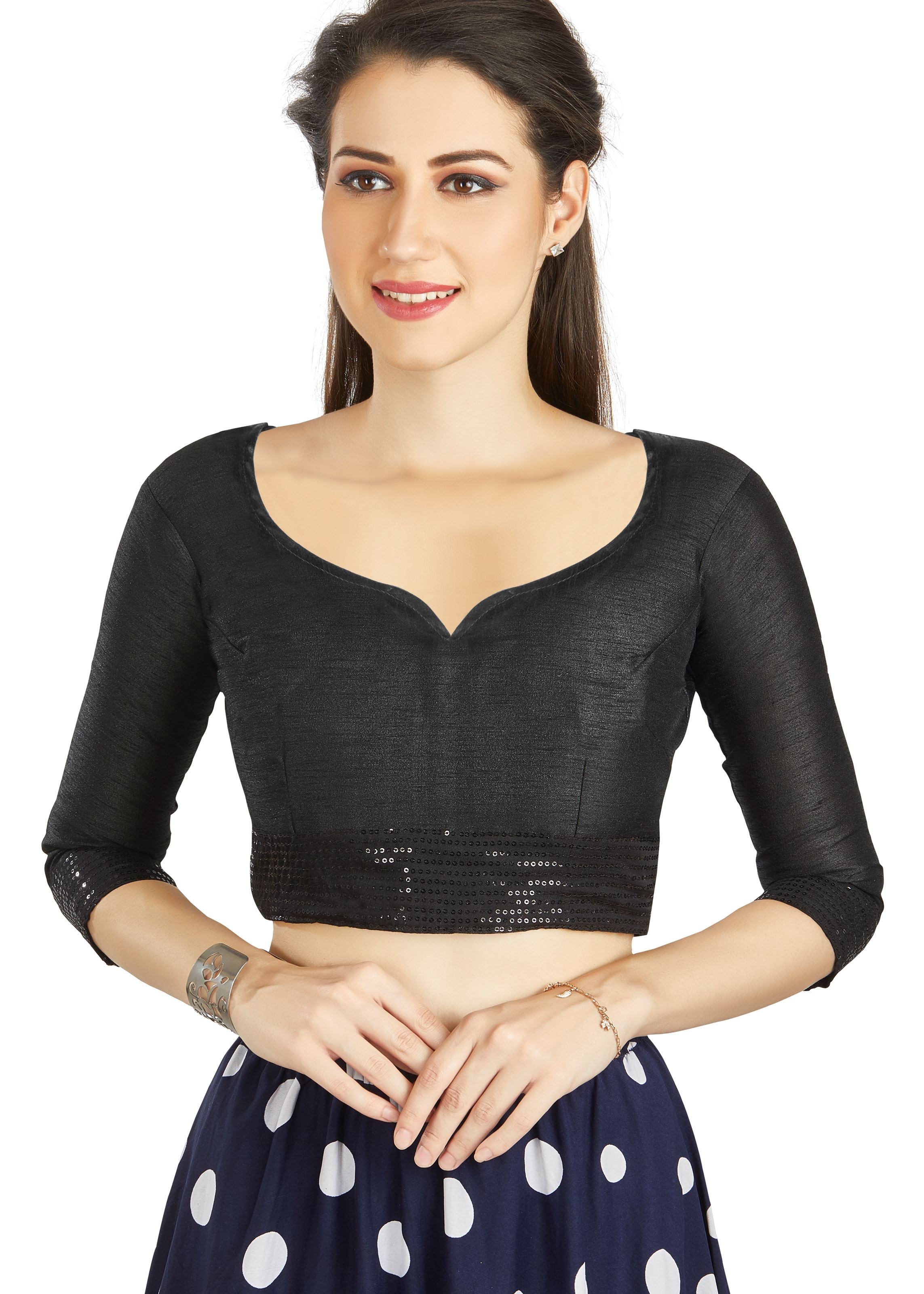 Black Art Silk Round Neck Blouse With Sequence Border in Sleeves Or Weast