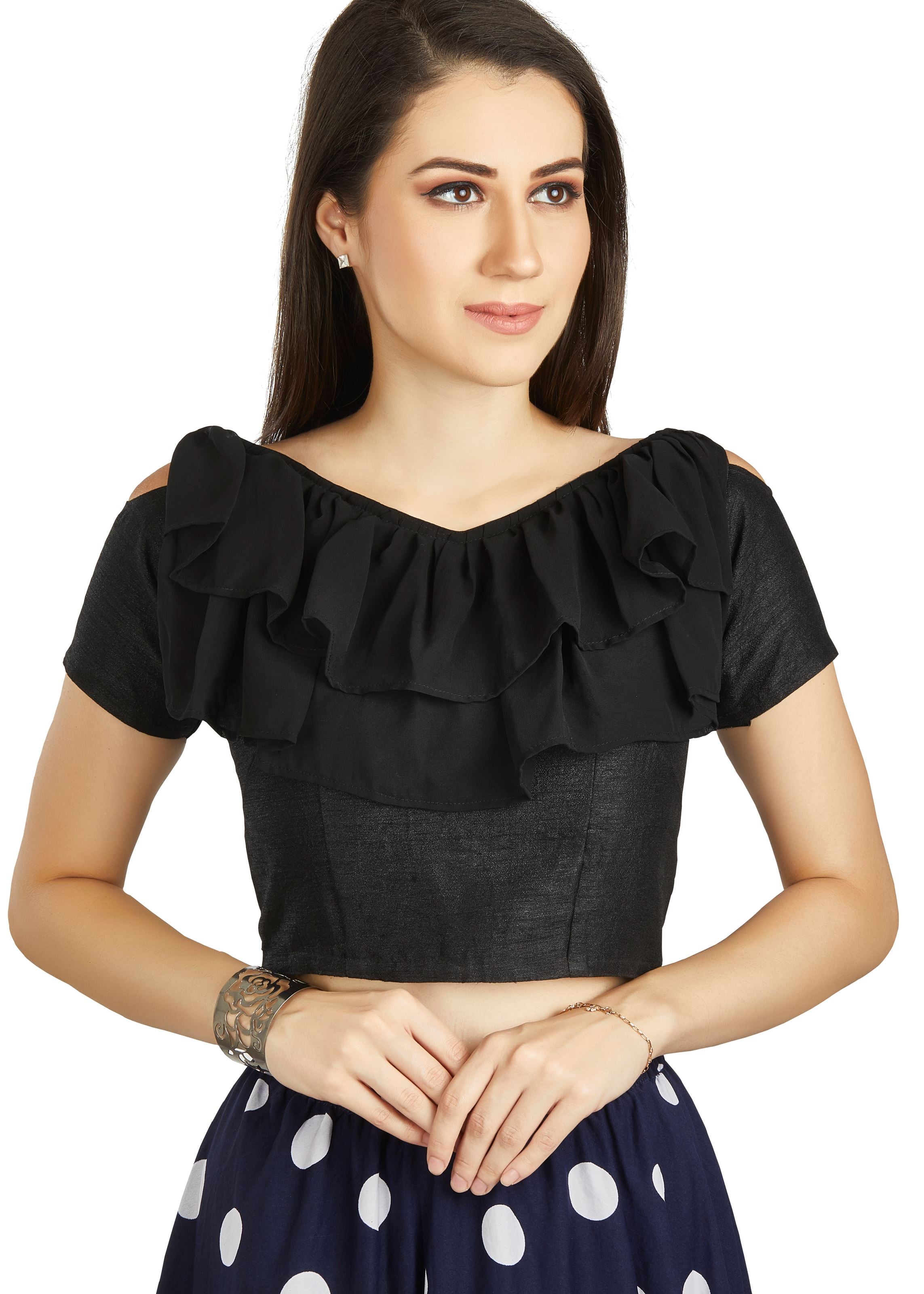 Black Art Silk V Neck Blouse With Frill neck Work