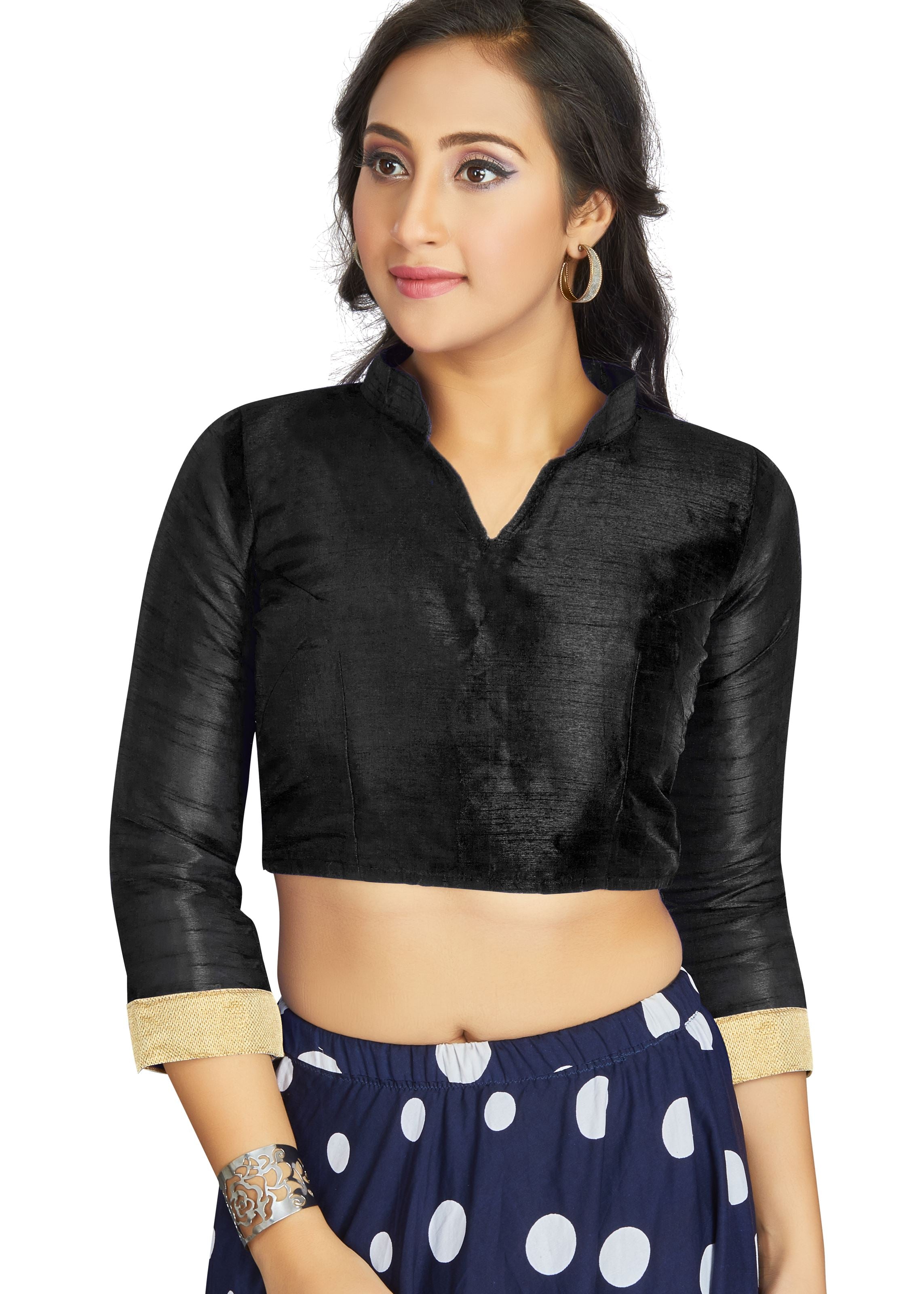 Black Art Silk V Neck Chinese Collar Blouse With Matty In Sleeve