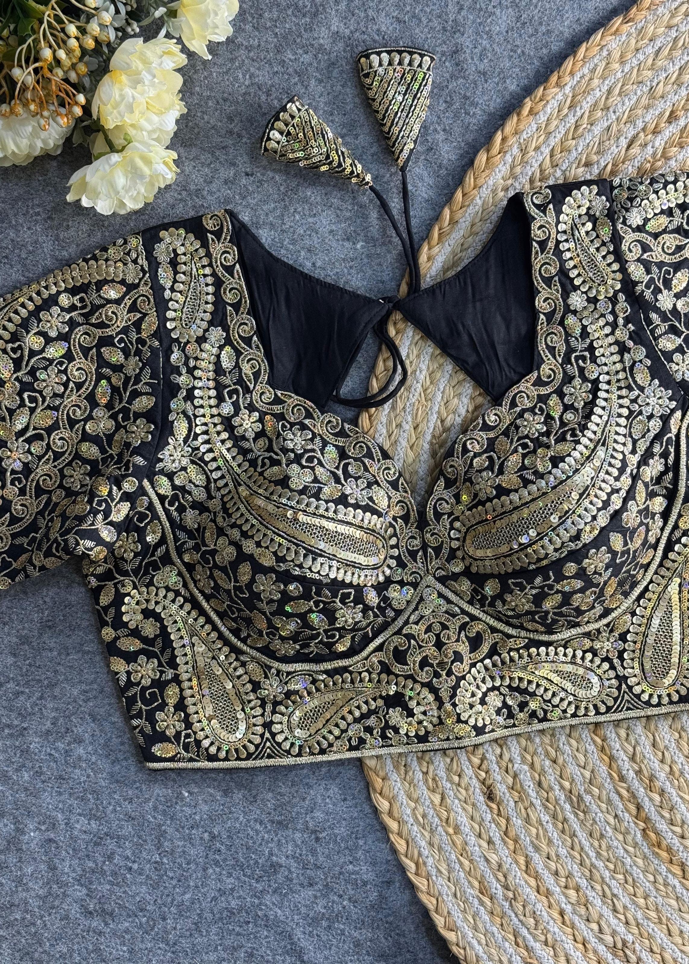 Black Bridal Blouse with Deep V-Neck & Heavy Paisley Embroidery