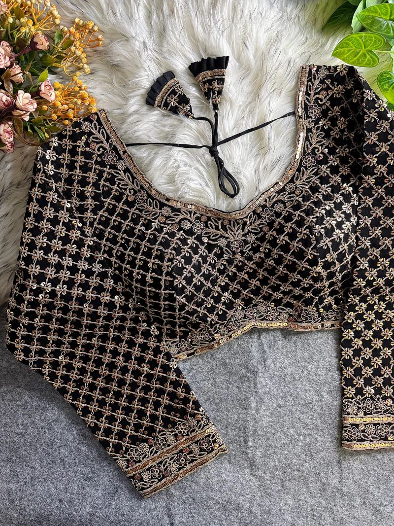 Black Bridal Blouse with Full Sleeves, U-Neck & Heavy Floral Sequin Work