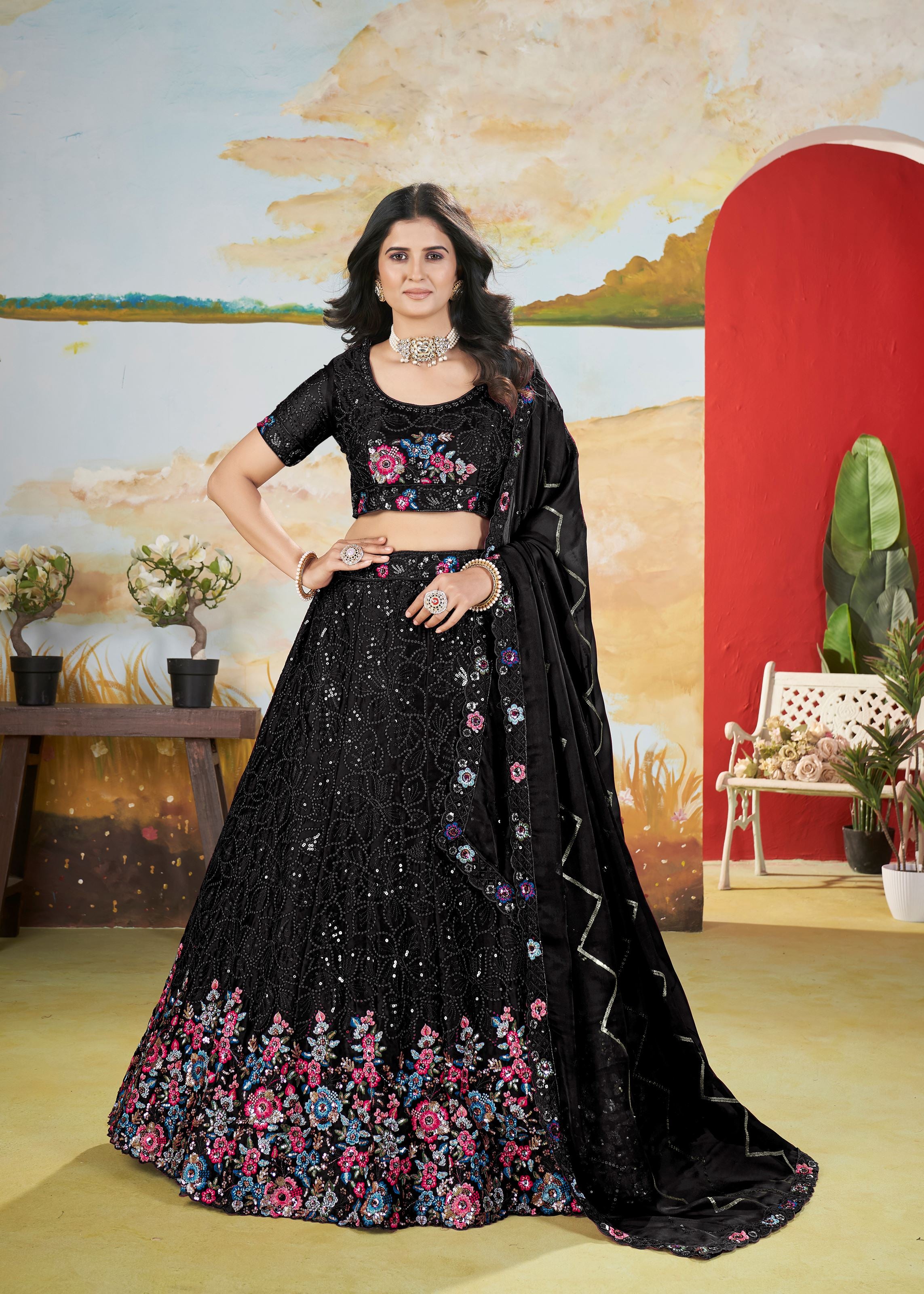 Black Chinnon Lehenga with Copper Sequins  Multi Thread Embroidery