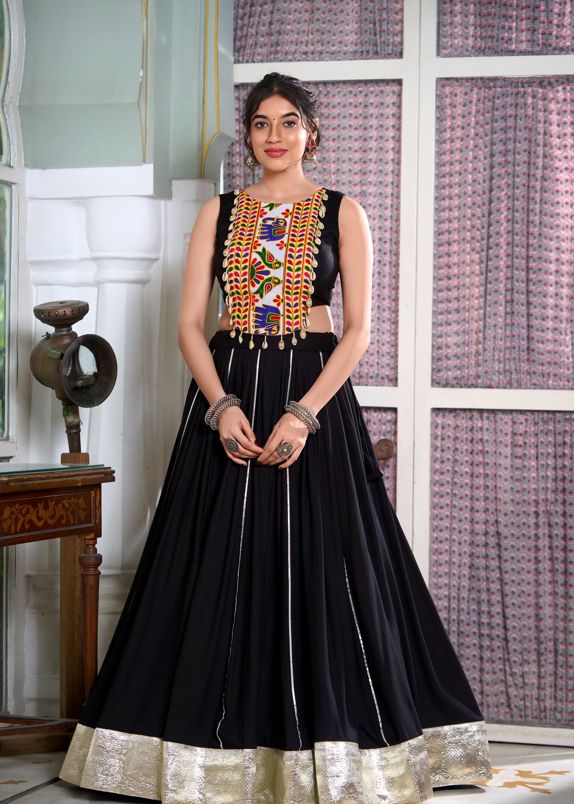 Black Classic Rayon Lehenga Choli with Lace Border  Gota Patti