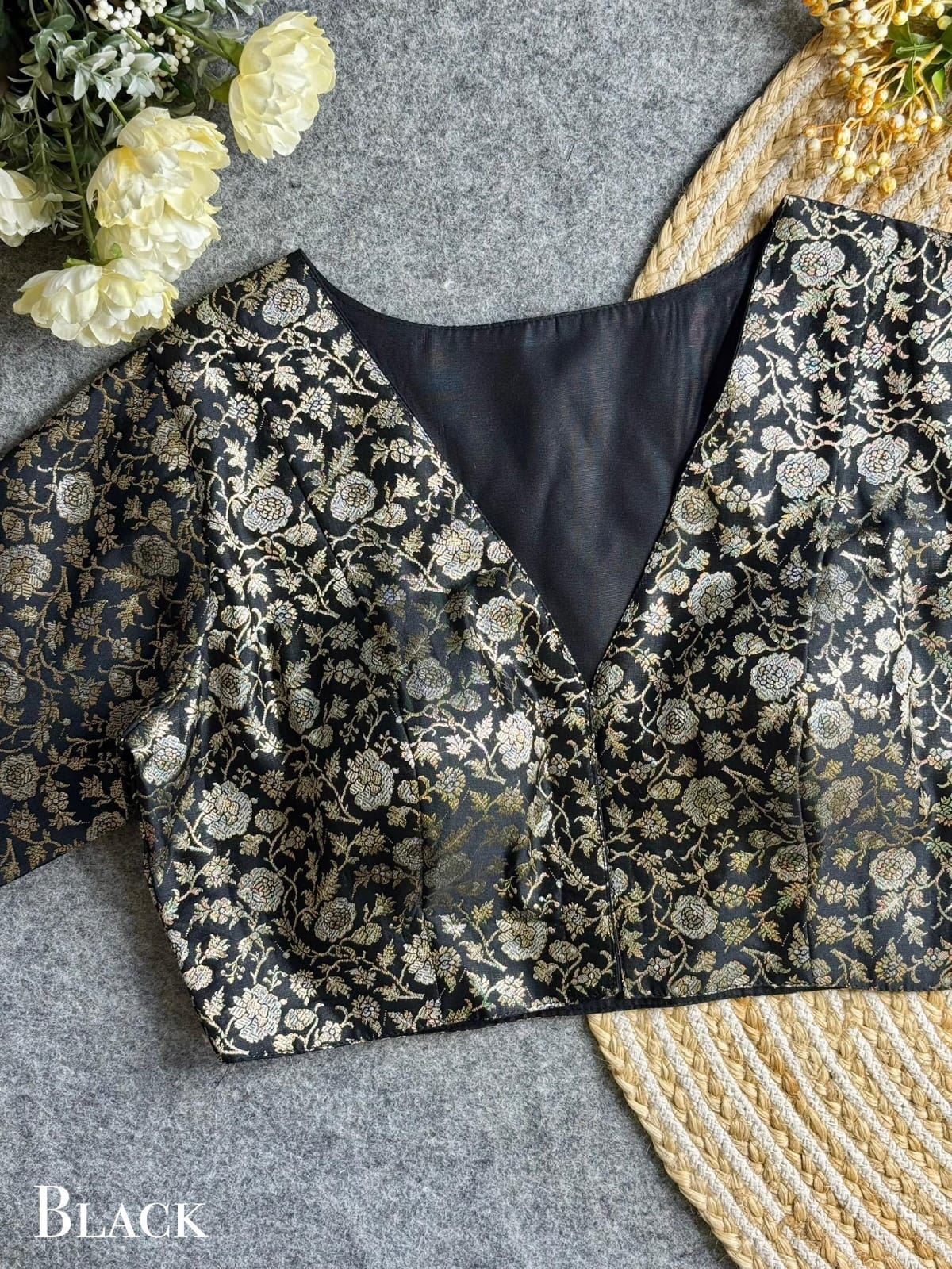 Black Designer Blouse with V-Neck & Golden Brocade Floral Weave