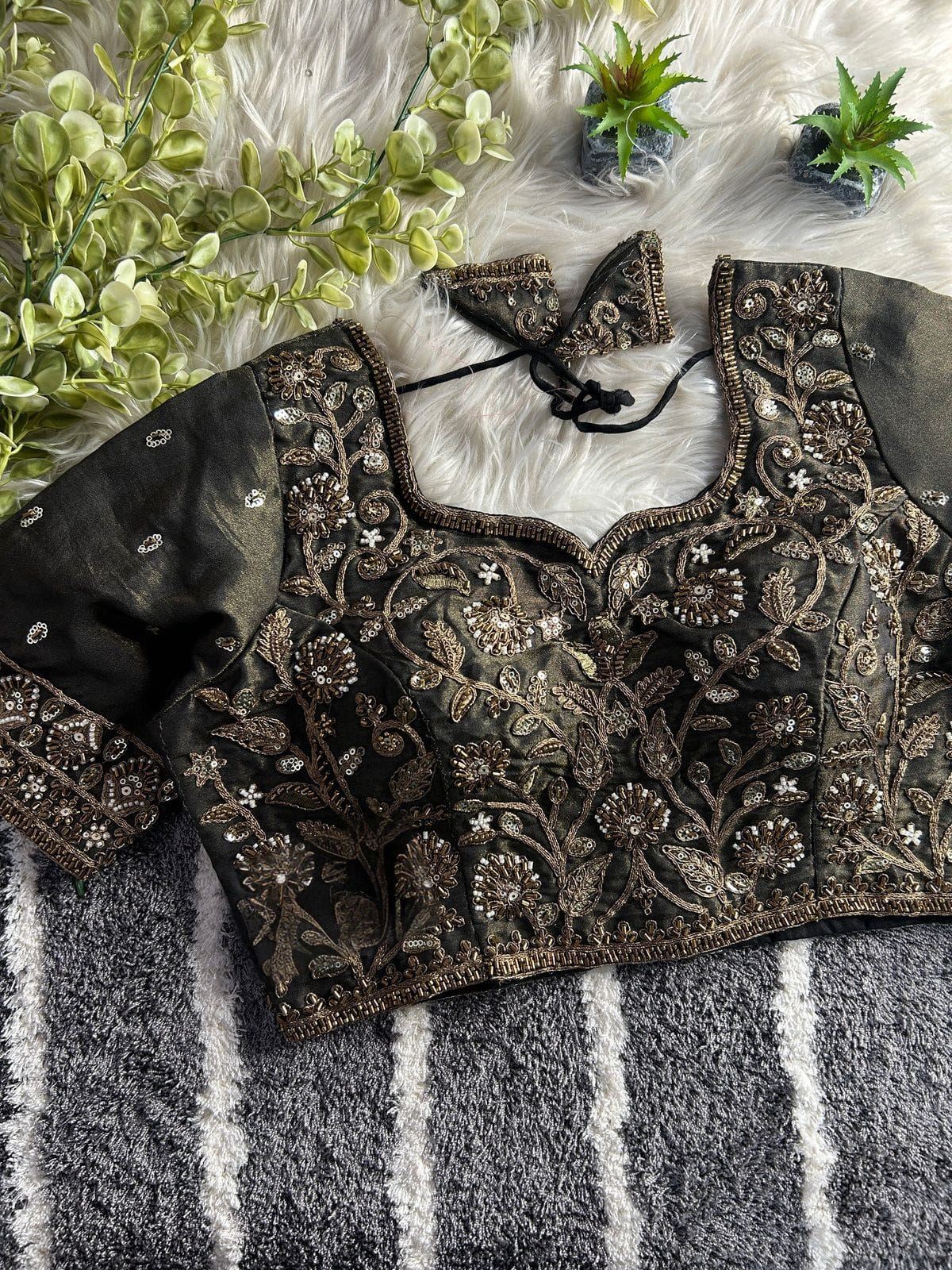 Black Designer Embroidered Silk Blouse with Zari & Sequin Work