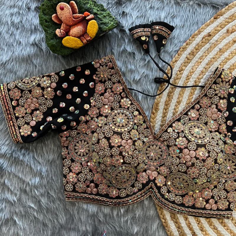 Black Diamond Drape Heavy Embroidered Bridal Blouse