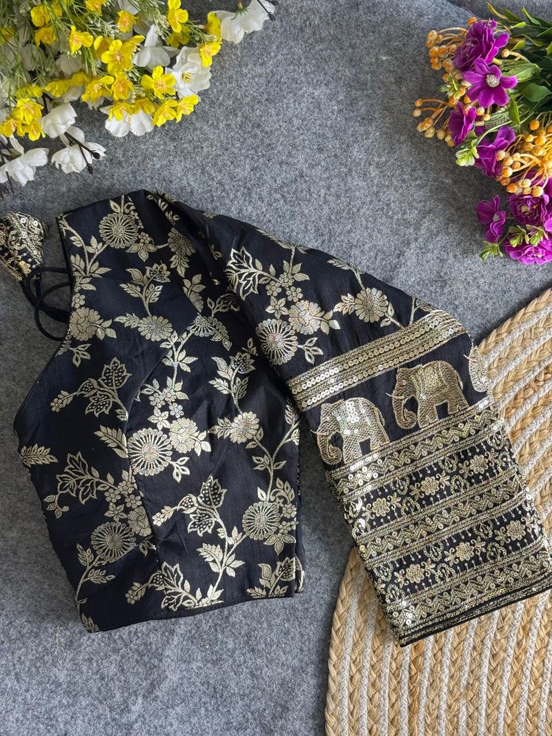 Black Elegant Silk Blouse with Intricate Elephant Design