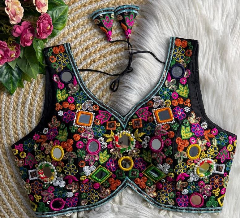 Black Fancy Design Apple Cut Blouse With Gamthi Lace  Real Multi Mirror Work