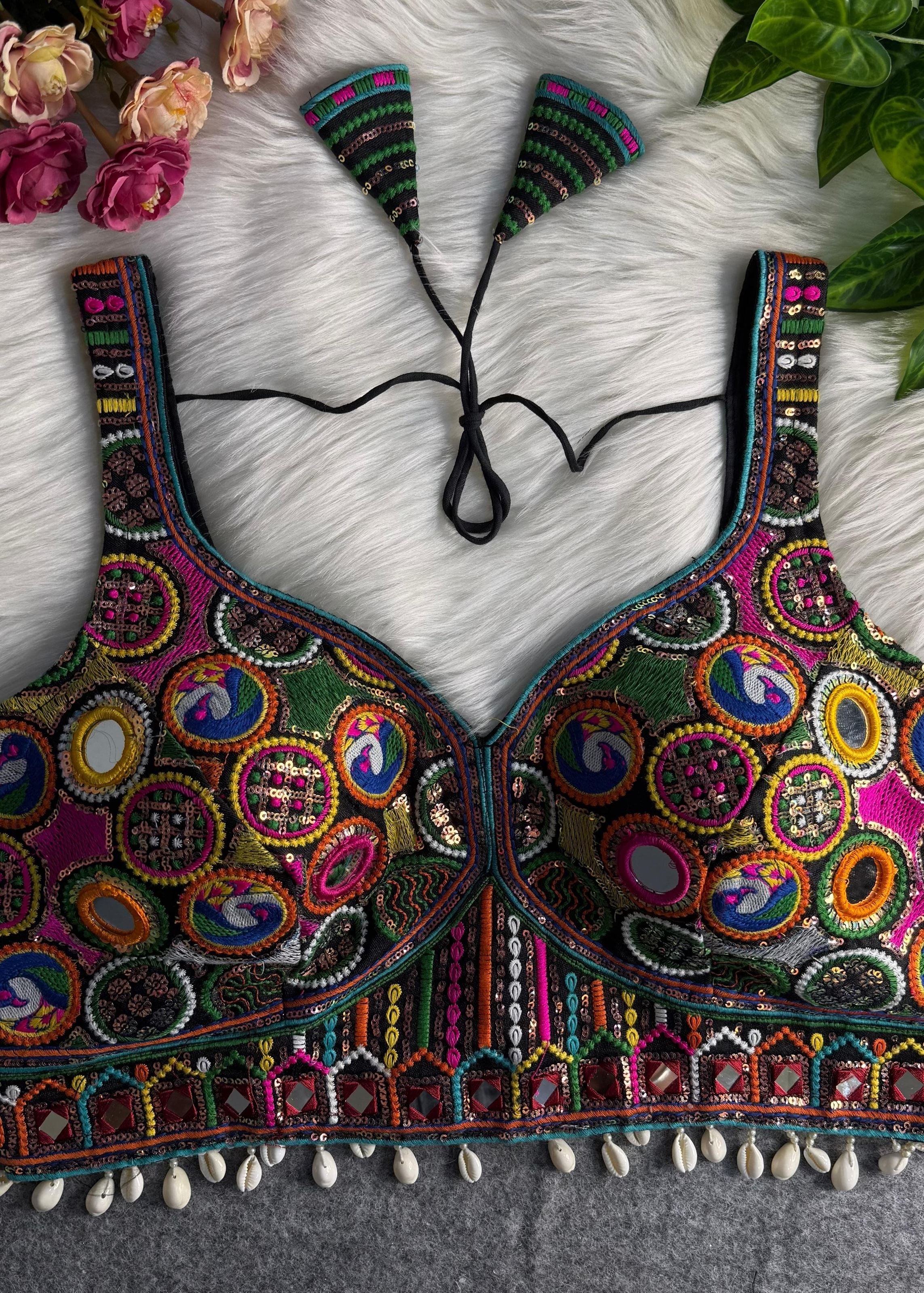 Black Gamthi Navratri Blouse with Mirror Work  Shell Tassels