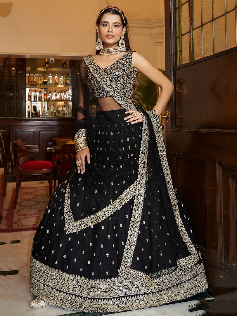 Black Lehenga Choli With Thread and Sequence Embroidery Work