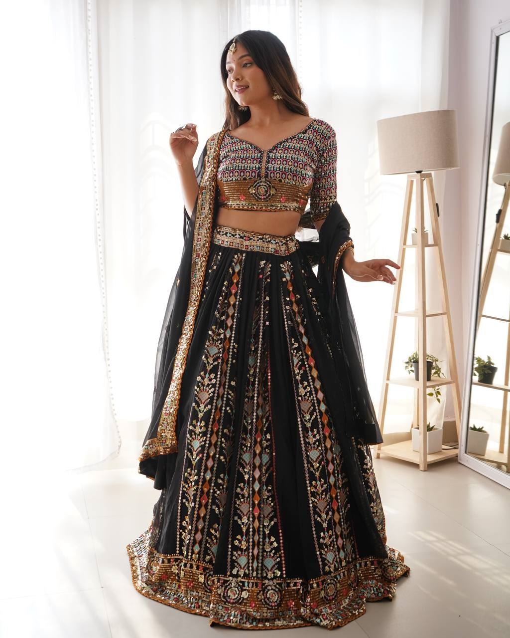 Black Lehenga Choli With Thred With Sequnce Work