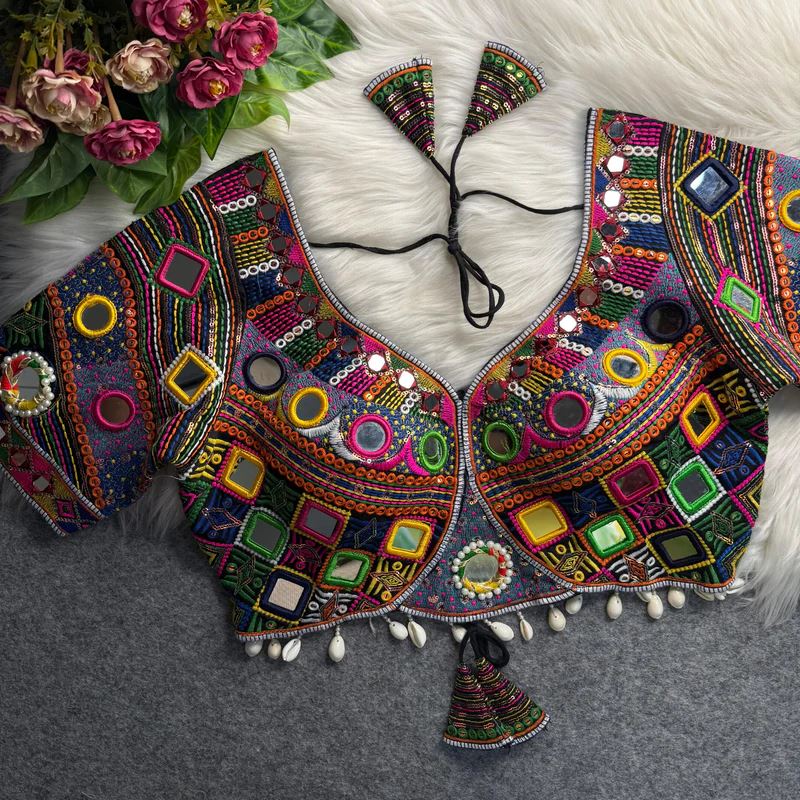 Black  Navratri Blouse With Real Muliti Mirror  Kodi Work