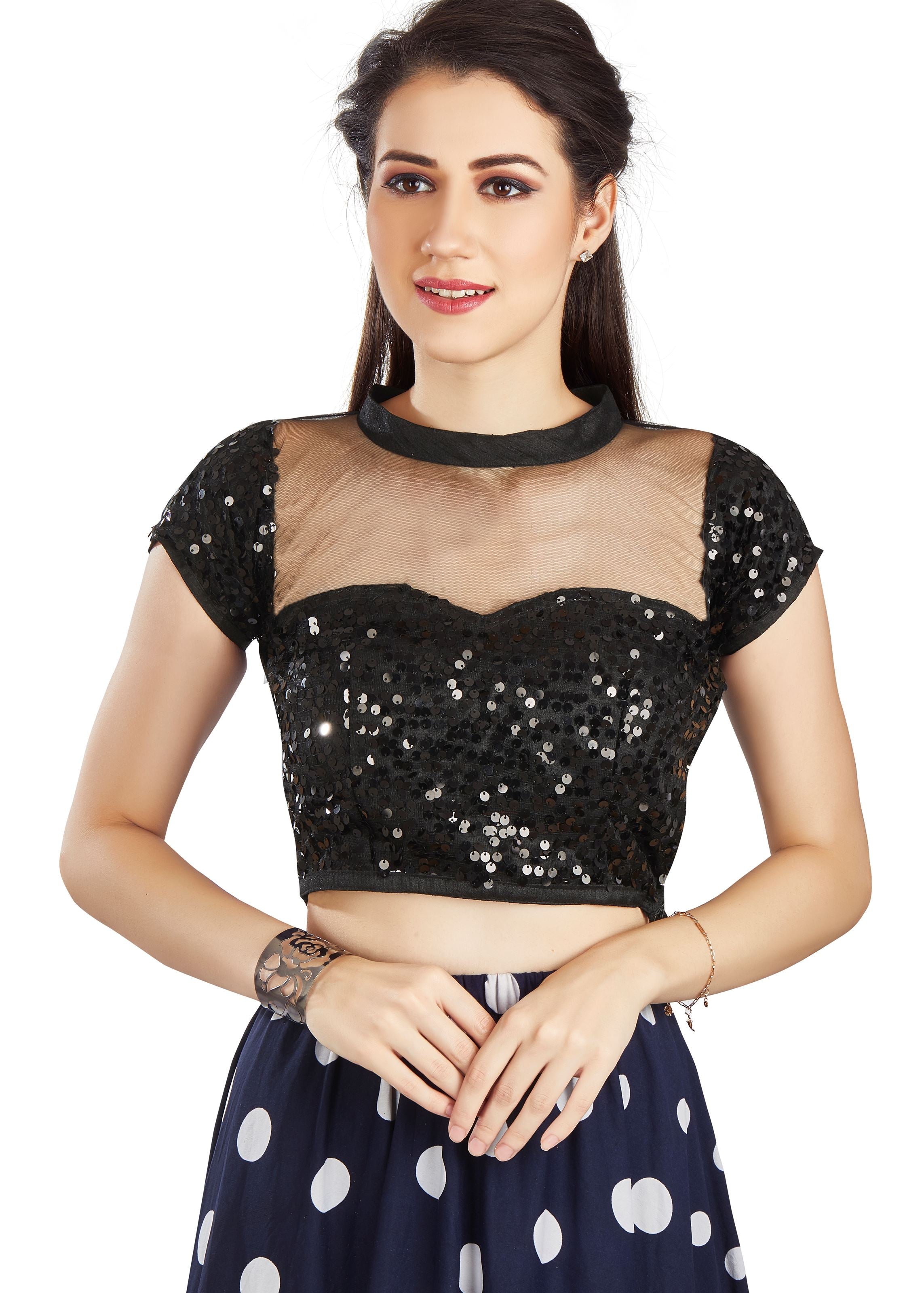 Black Net  Collor Neck Blouse With Sequence Work