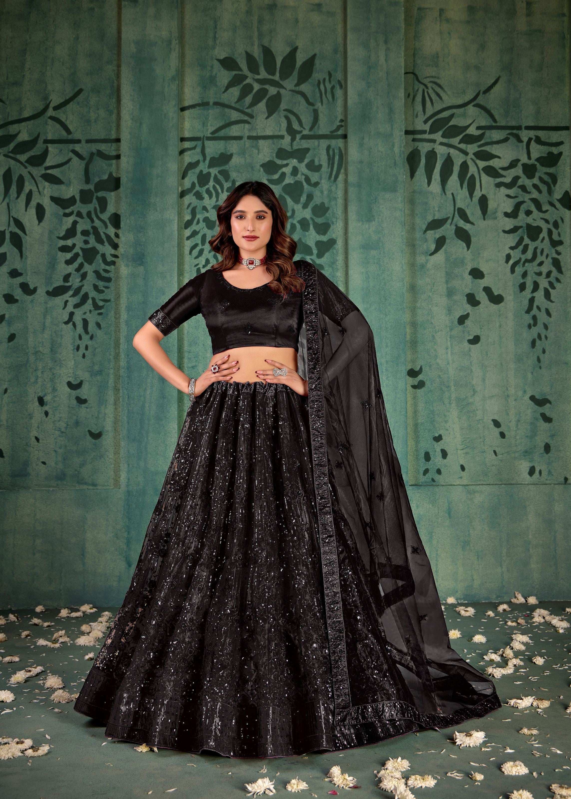 Black Net Lehenga with Sparkling Sequin Embroidery
