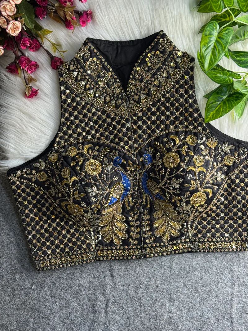 Black Peacock Embroidered Blouse with High Neck & Mirror Work