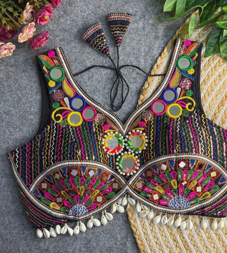 Black Real Handwork  Mirror Work Navratri Blouse