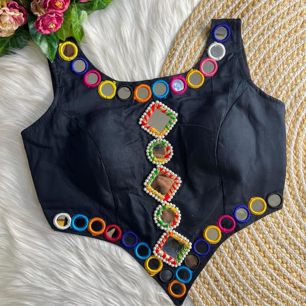 Black Real Mirror Navratri Handwork Blouse
