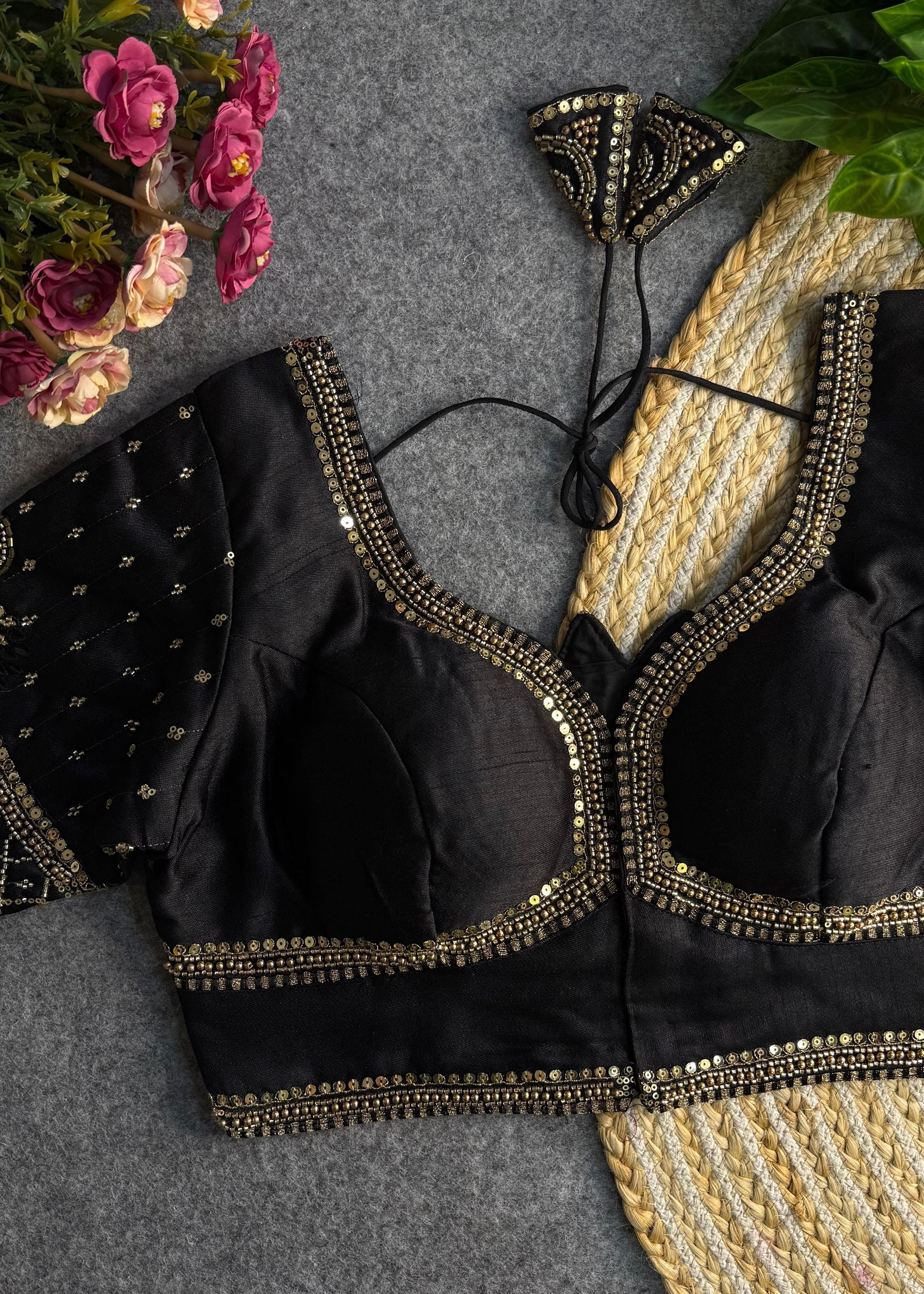 Black  Sabyasachi-Inspired Heavy Bridal Blouse with Exquisite Lotus Beads Embroidery