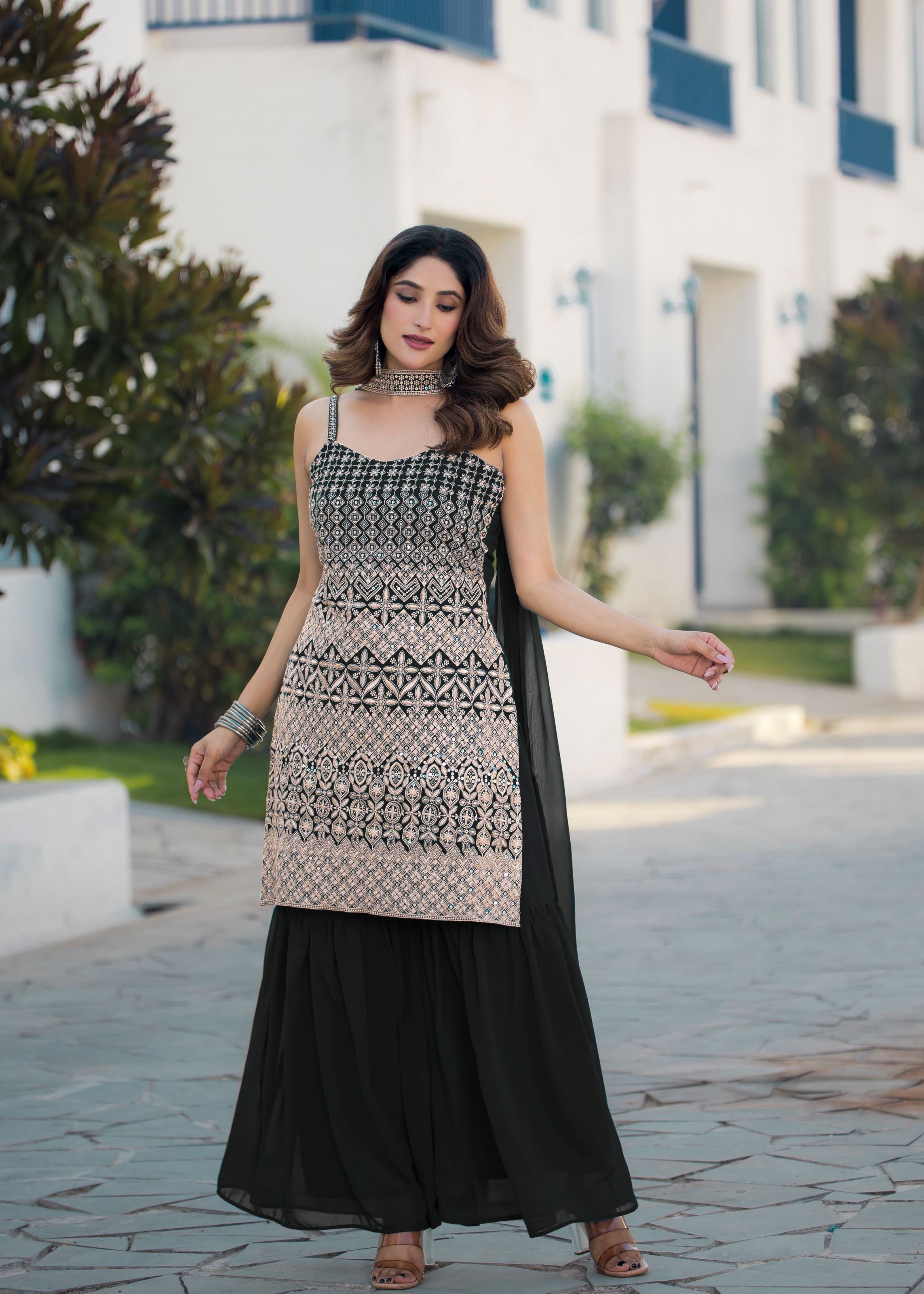 Black Sharara Dress With Sequence Embroidered