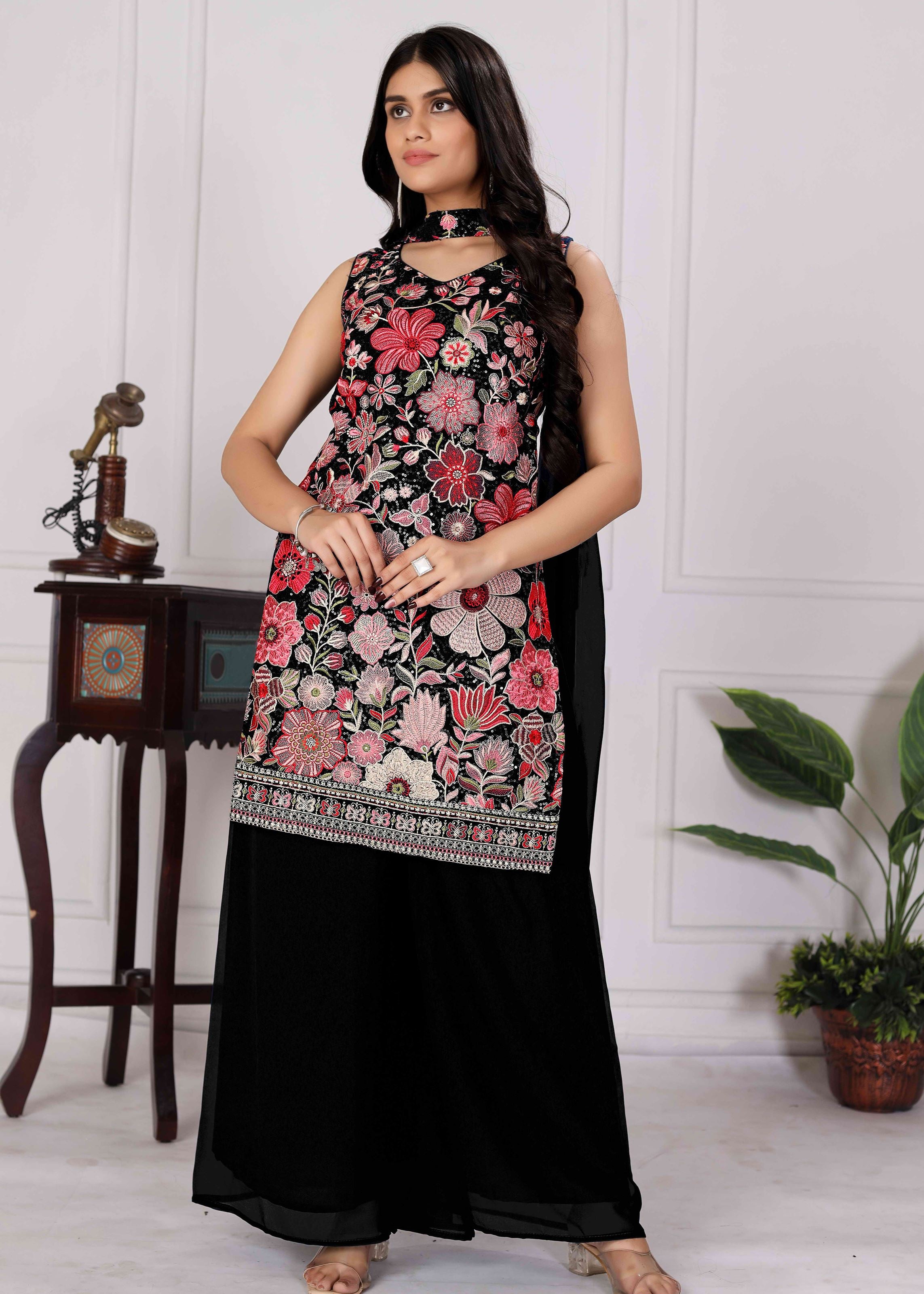 Black Sharara Dress With Sequence Embroidered
