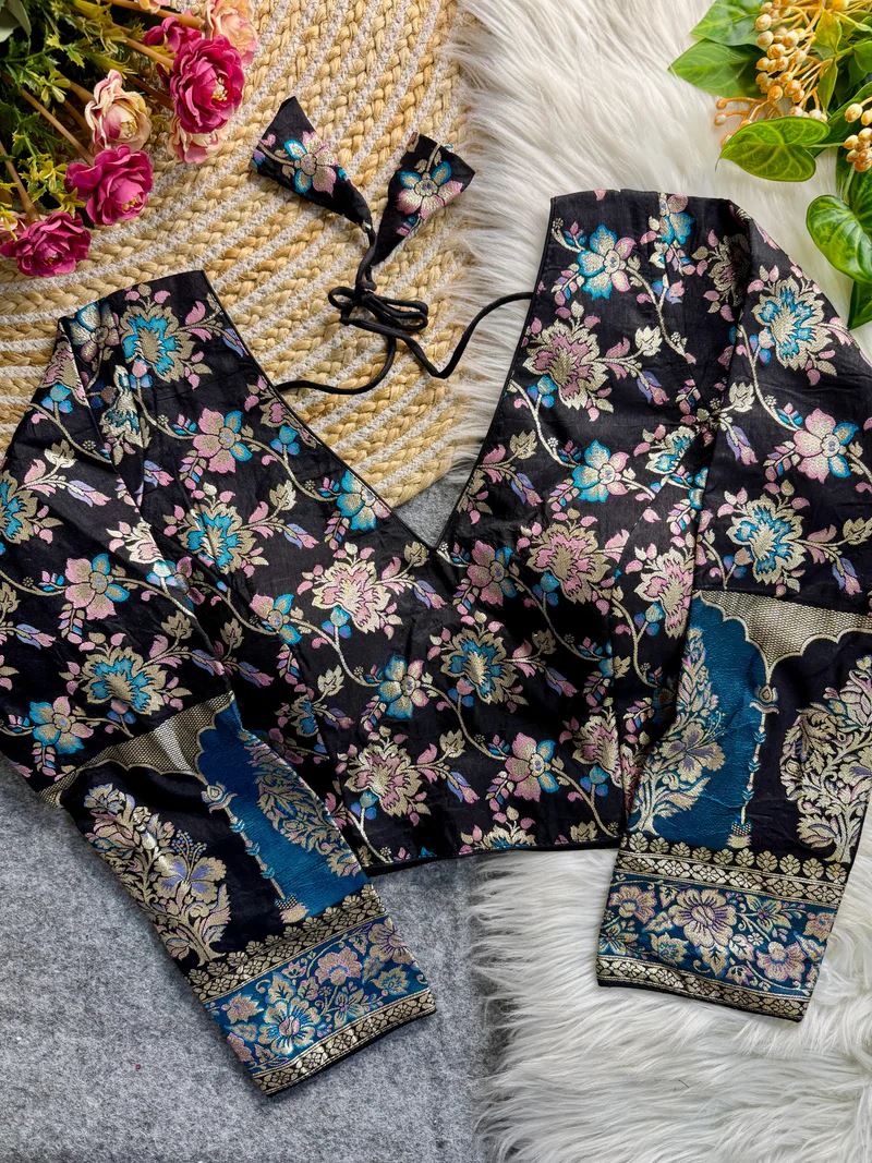 Black Soft Dola Silk Blouse with Woven Motifs & Full Sleeves