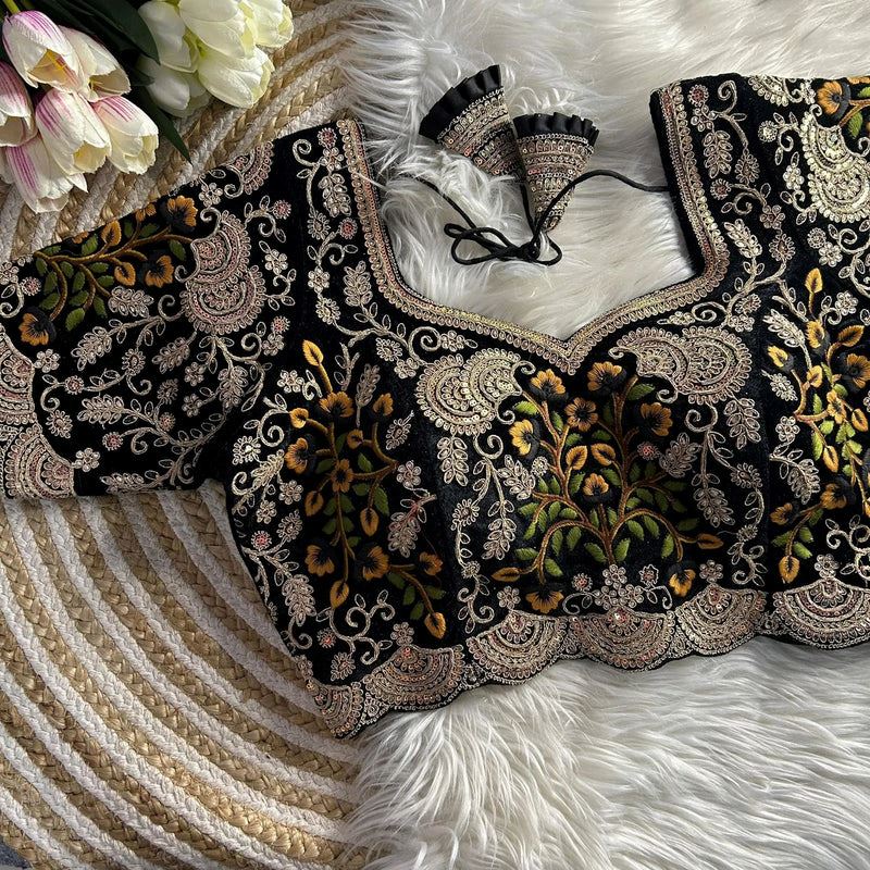 Black Velvet Bridal Blouse with Multicolor Thread & Zardosi Embroidery