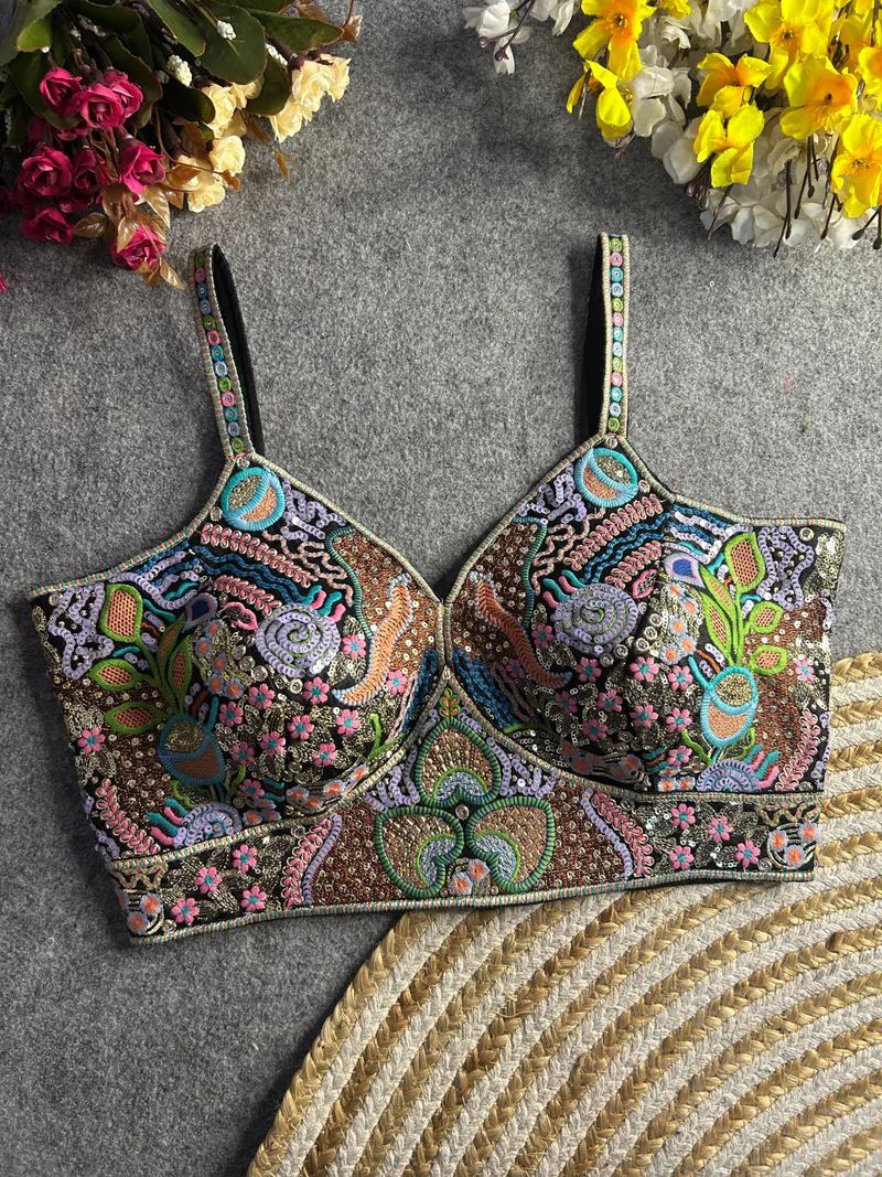 Black Vibrant Boho Spaghetti Blouse with Mirror & Thread Work