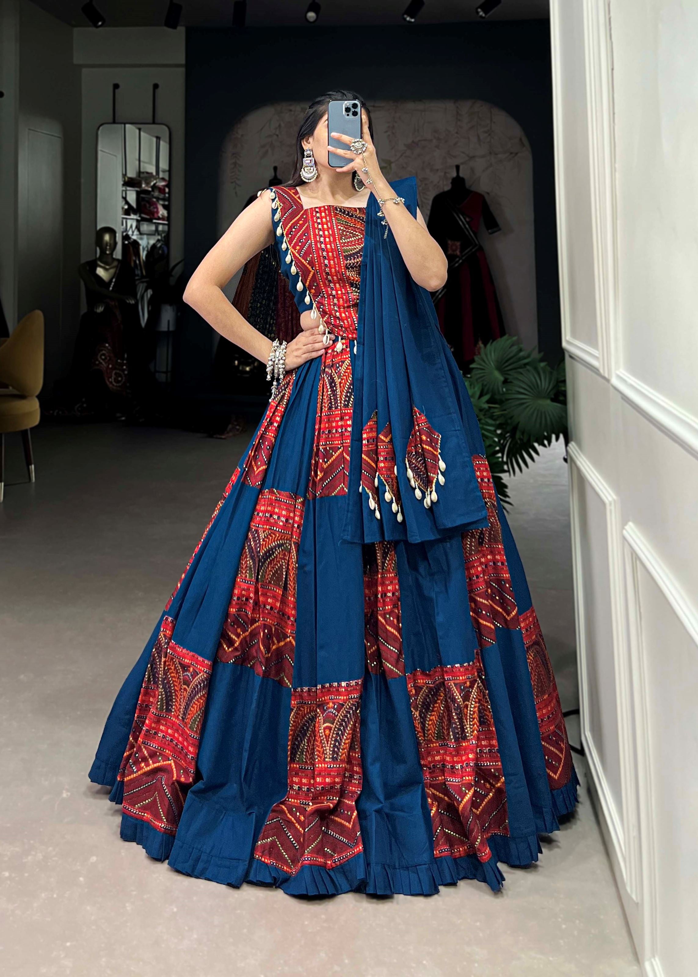 Blue-Maroon Plain  Printed Lehenga Choli with Foil Work Finish