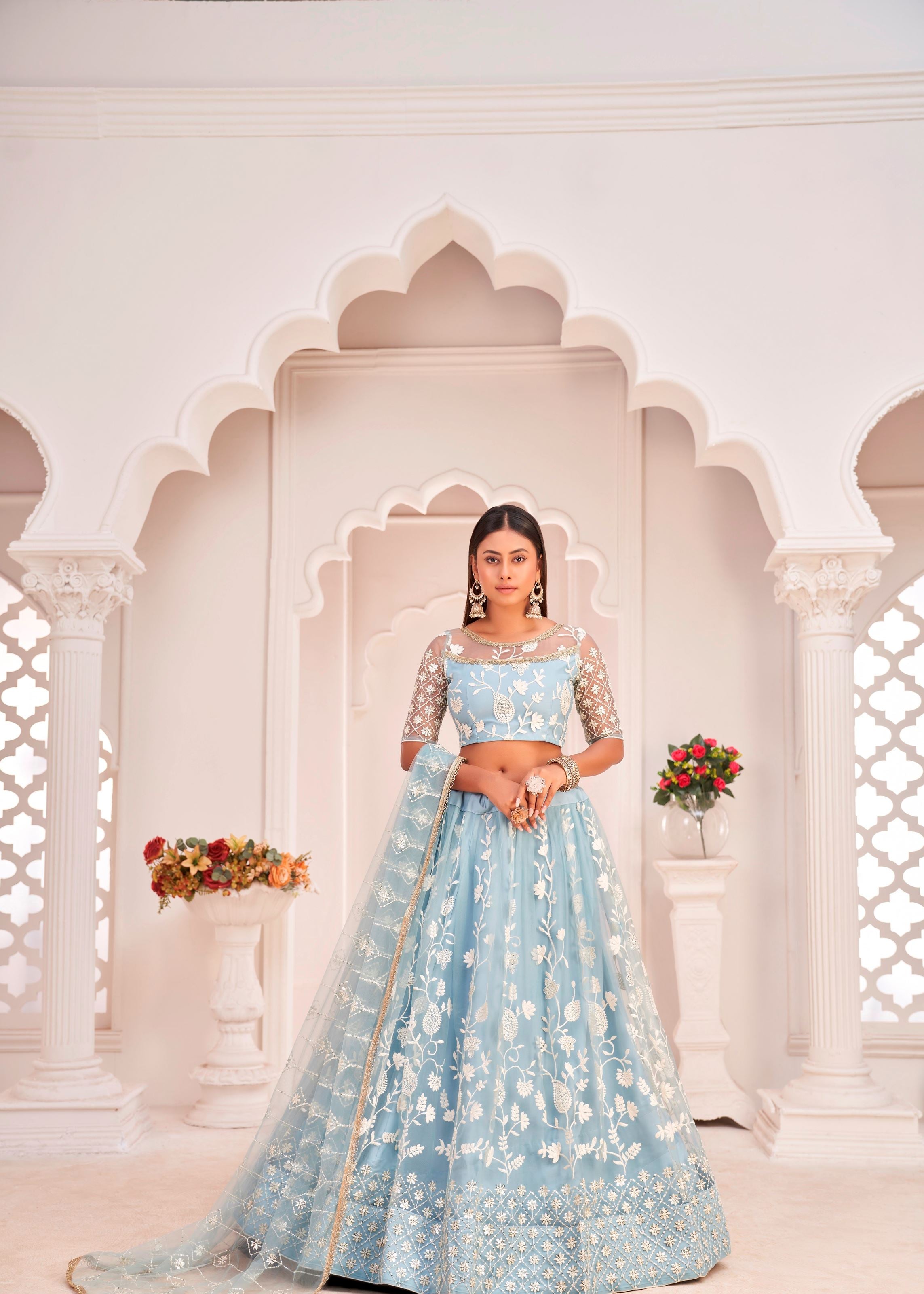 Blue Butterfly Net Lehenga Choli With Thread Embroidery Work