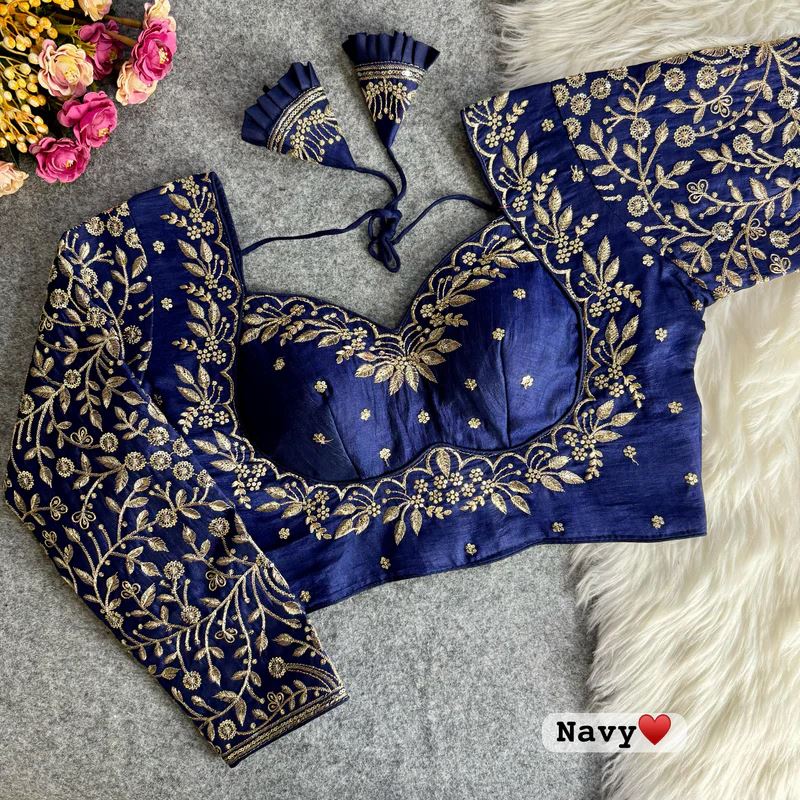 Blue Embroidered Blouse with Puff Sleeves & Zari Work