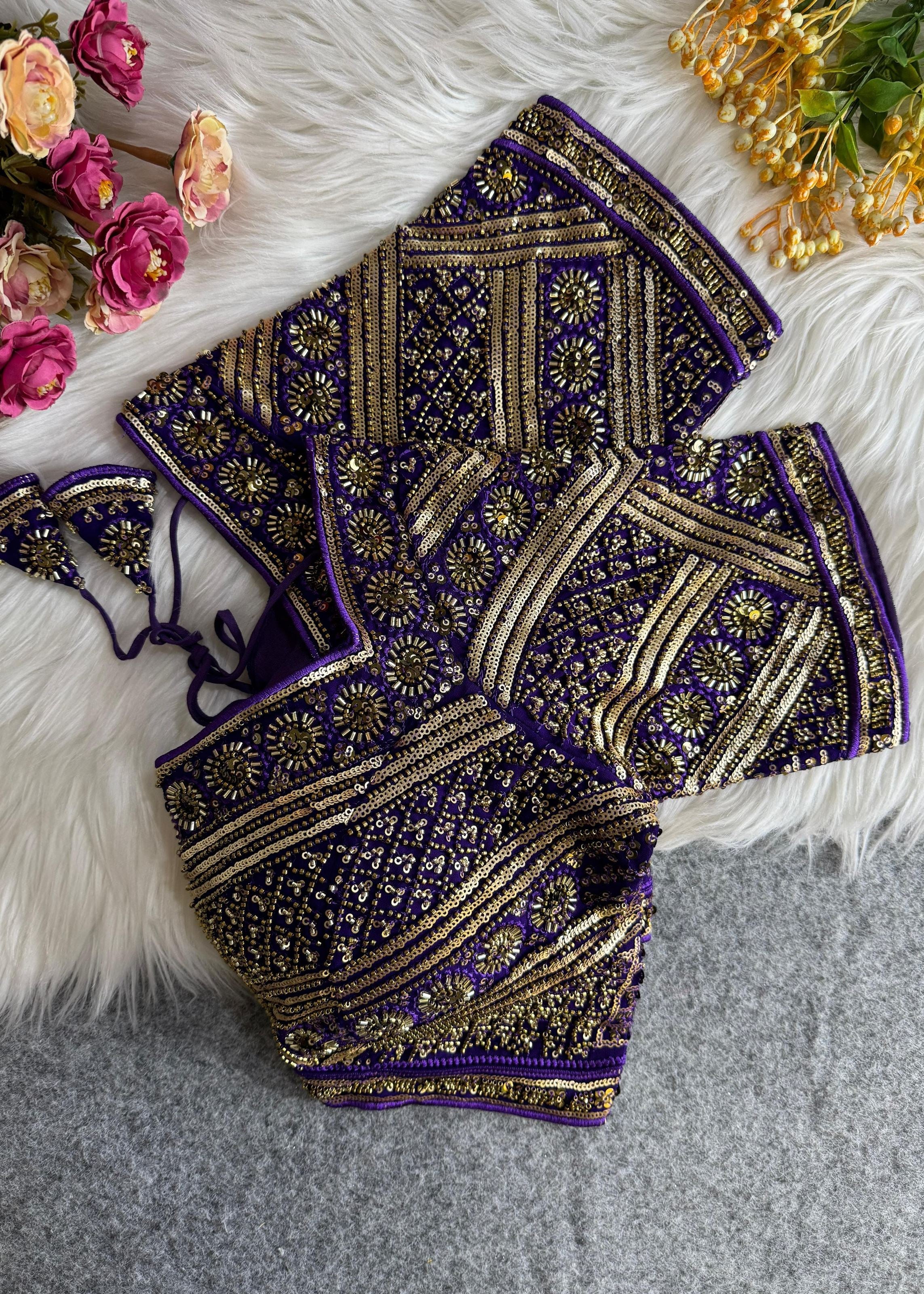 Blue Handcrafted Royal Saree Blouse with Zari & Mirror Work