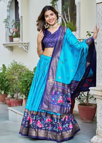 Blue Lehenga Choli With Bandhej and Ajrakh Print
