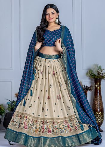 Blue Lehenga Choli With Jacquard With Jari Lining With Print