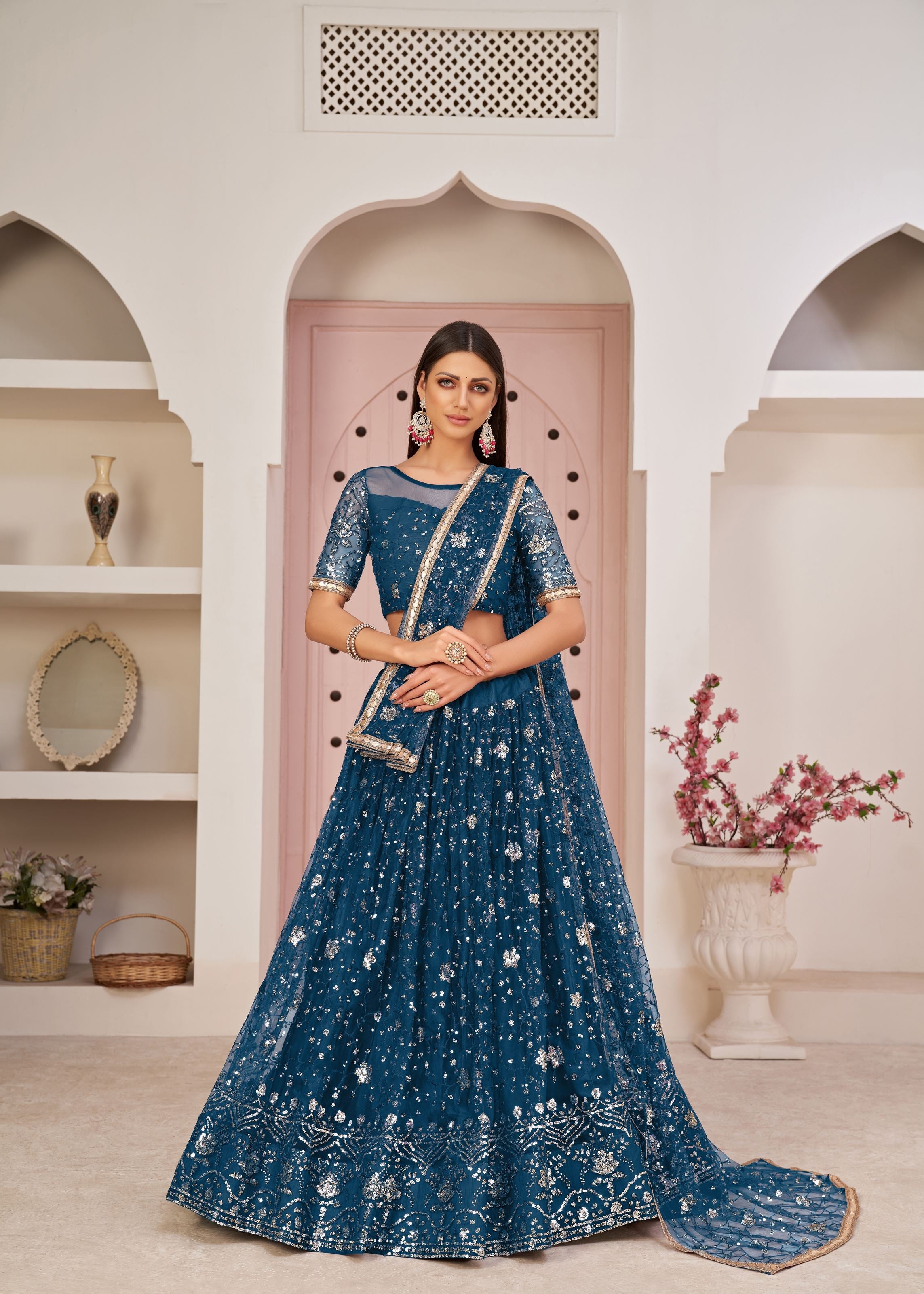 Blue Net Lehenga Choli With Thread Embroidery Work