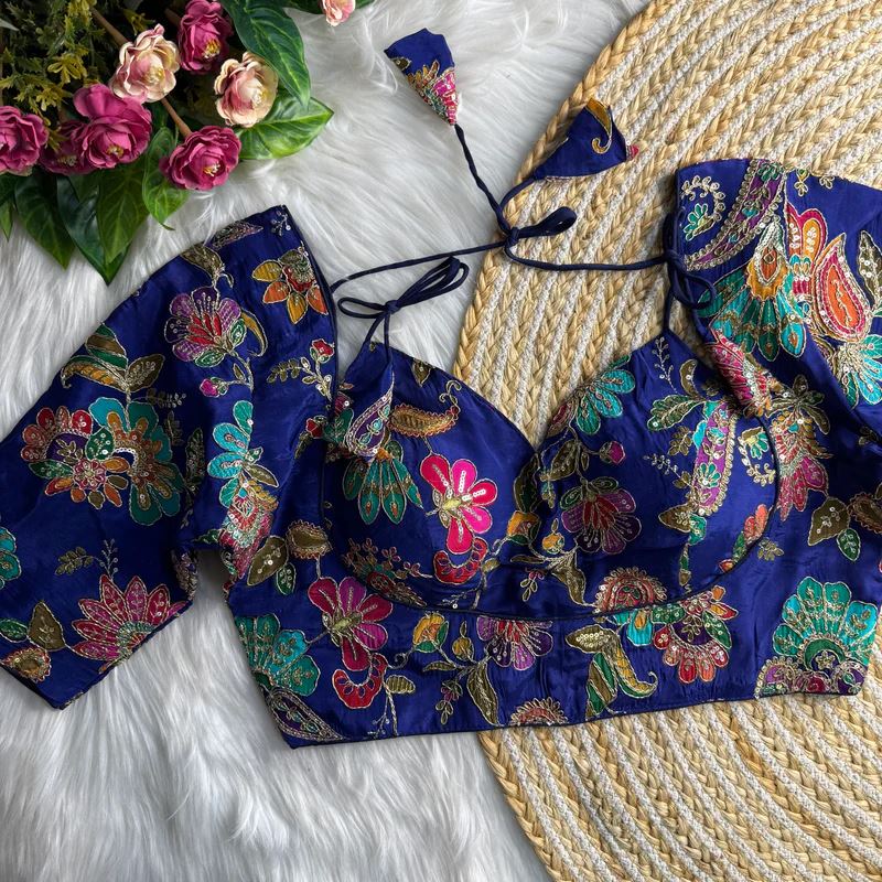 Blue Position Print Masaba Blouse With Codding  Sequence Work