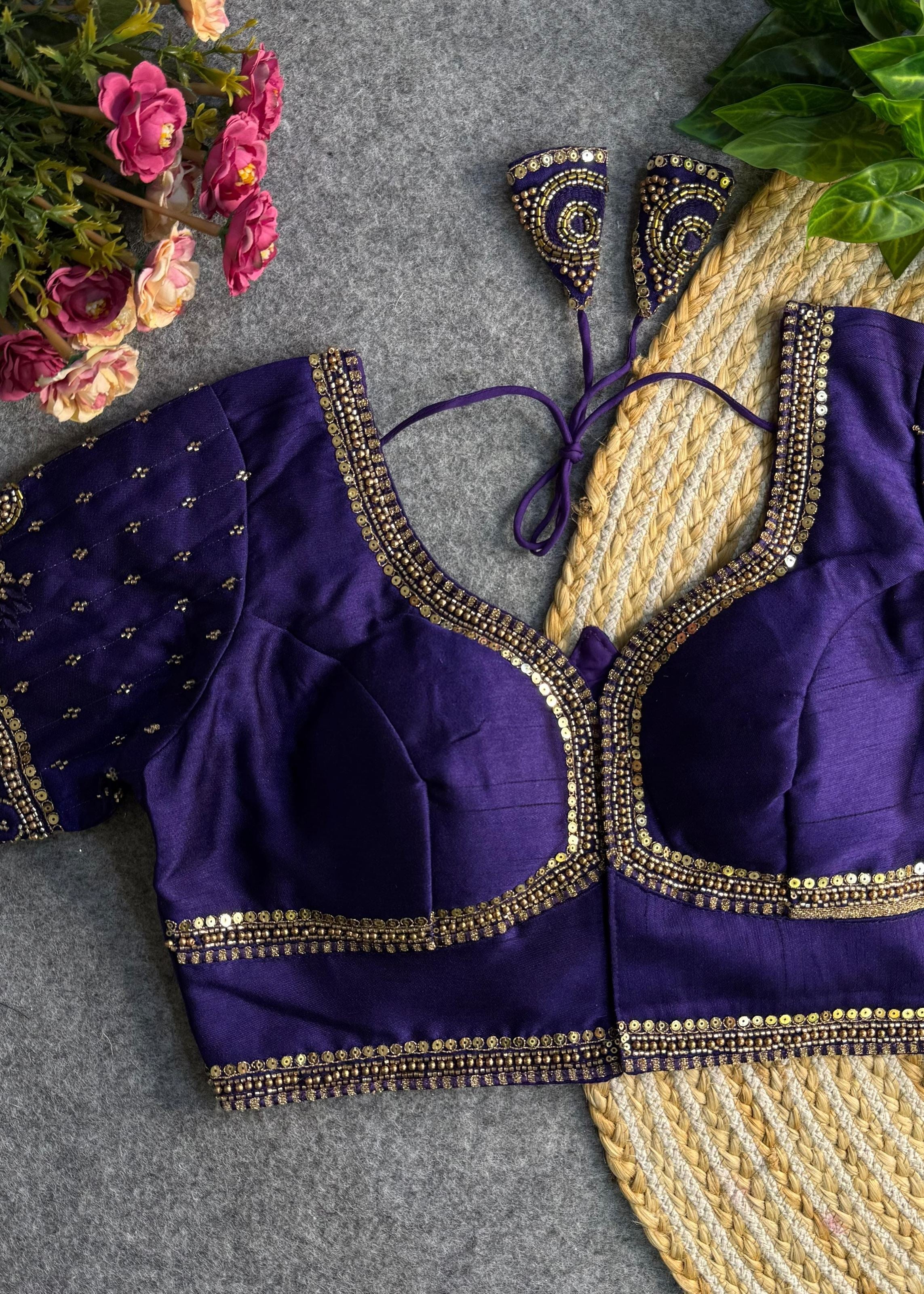 Blue  Sabyasachi-Inspired Heavy Bridal Blouse with Exquisite Lotus Beads Embroidery