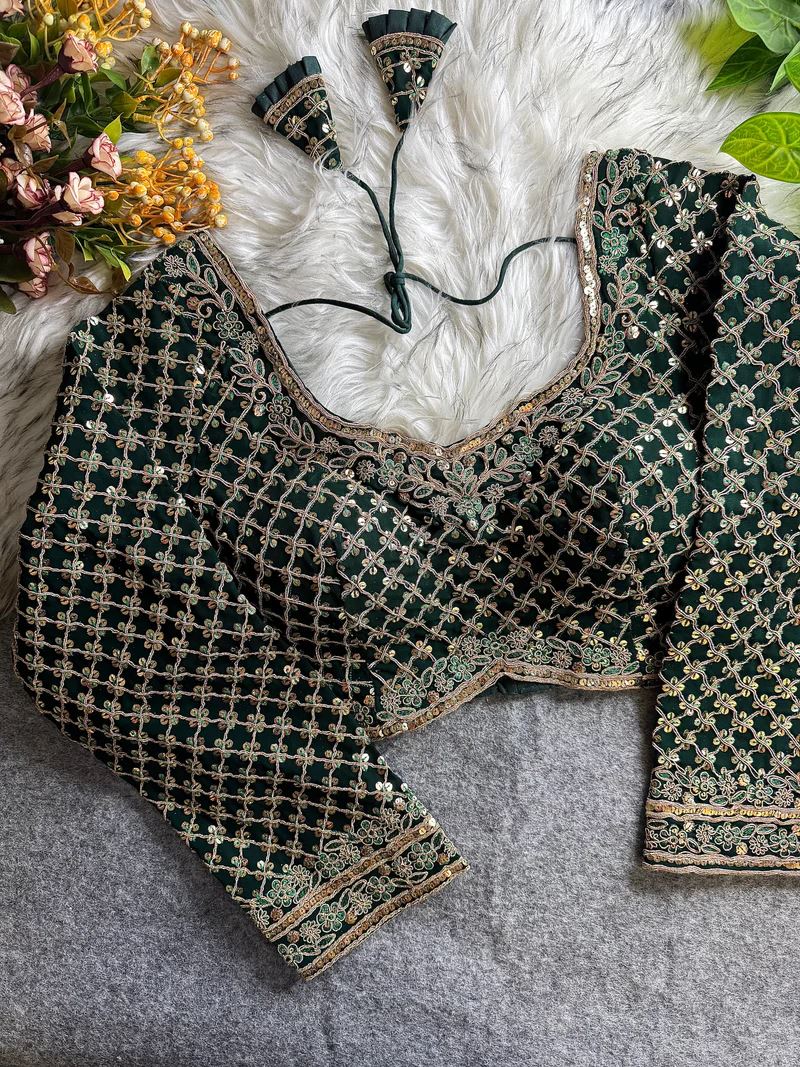 Bottle Green Bridal Blouse with Full Sleeves, U-Neck & Heavy Floral Sequin Work