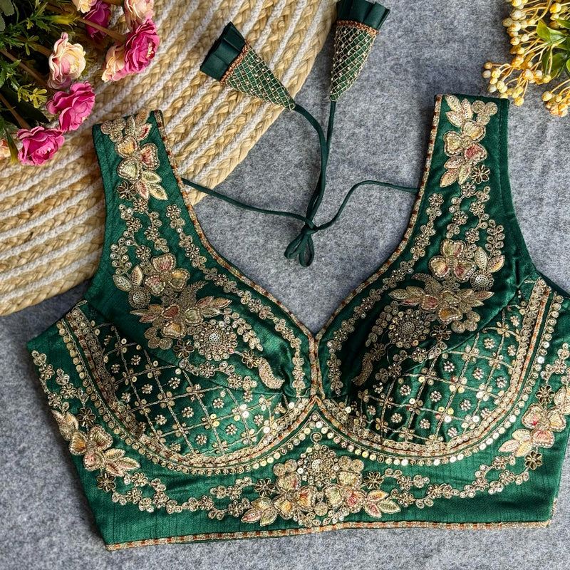 Bottle Green Elegant Bridal Sabyasachi Blouse with Heavy Work -12"Sleeves Attached