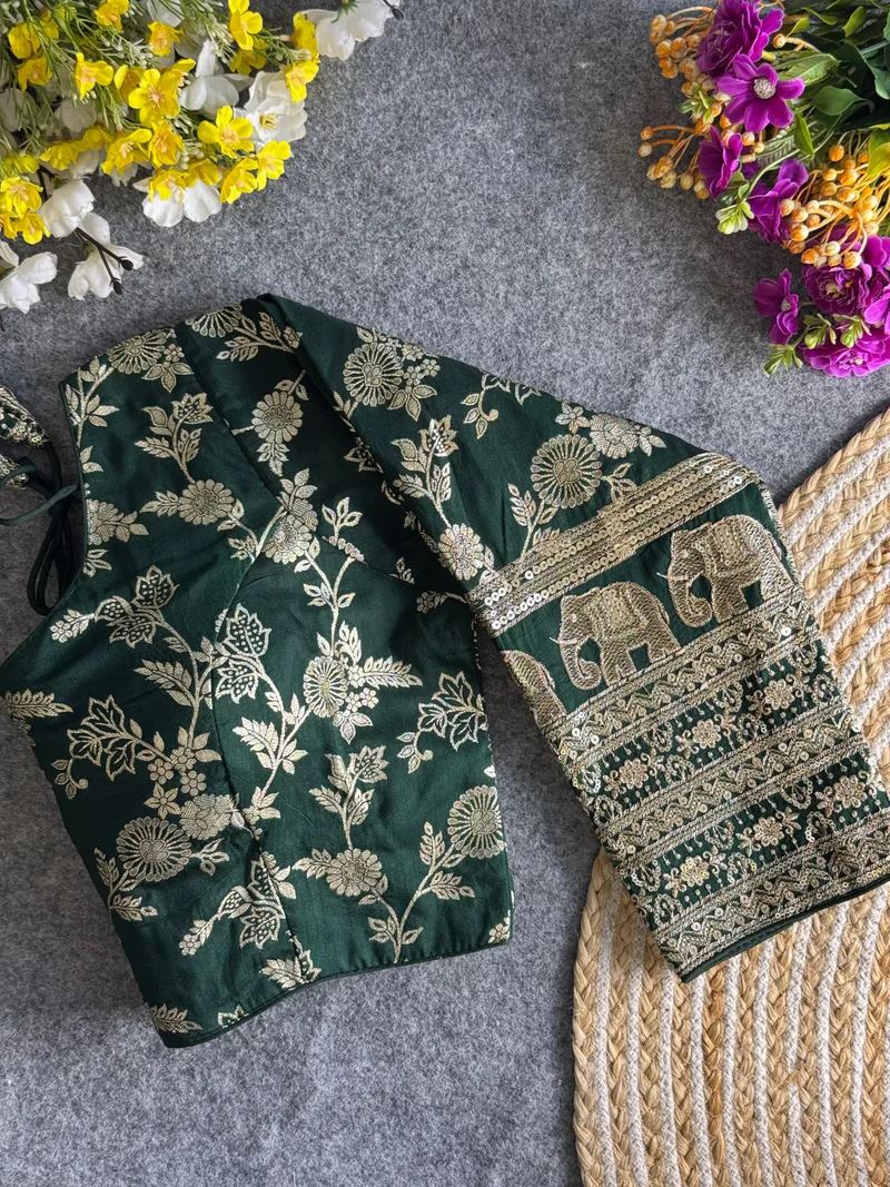 Bottle Green Elegant Silk Blouse with Intricate Elephant Design