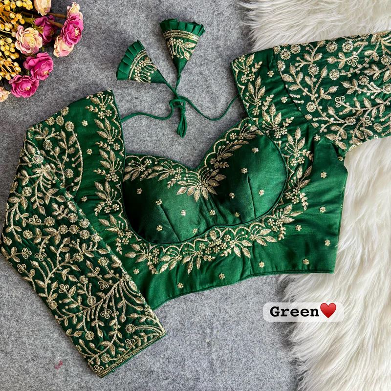 Bottle Green Embroidered Blouse with Puff Sleeves & Zari Work