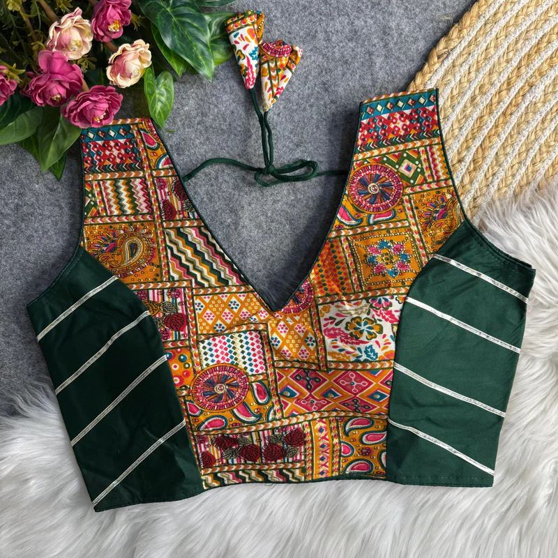 Bottle Green Ethnic Print Garba Blouse with Bold Contrast Look
