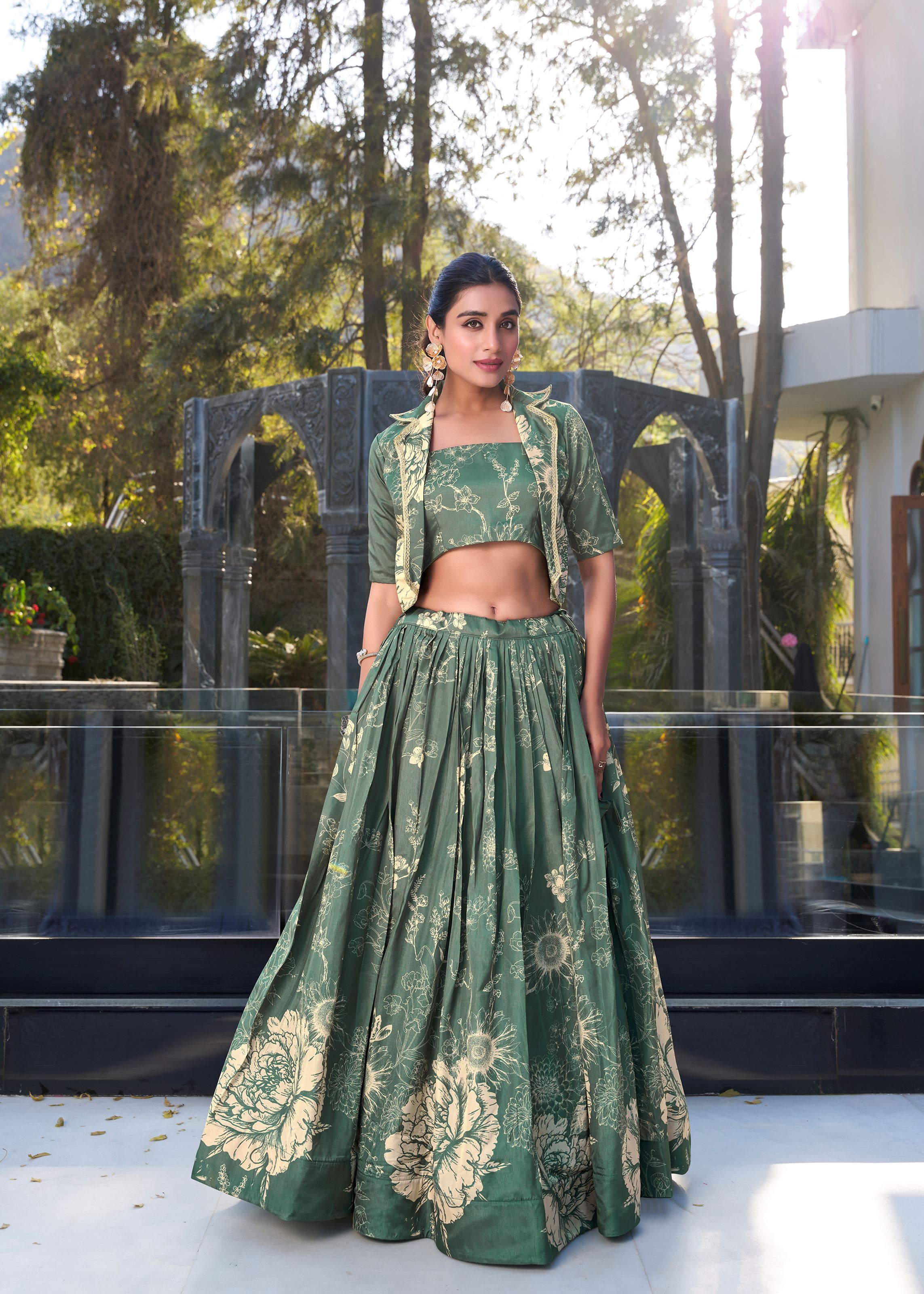 Bottle Green Grace in Bloom Tussar Silk Floral Print Lehenga