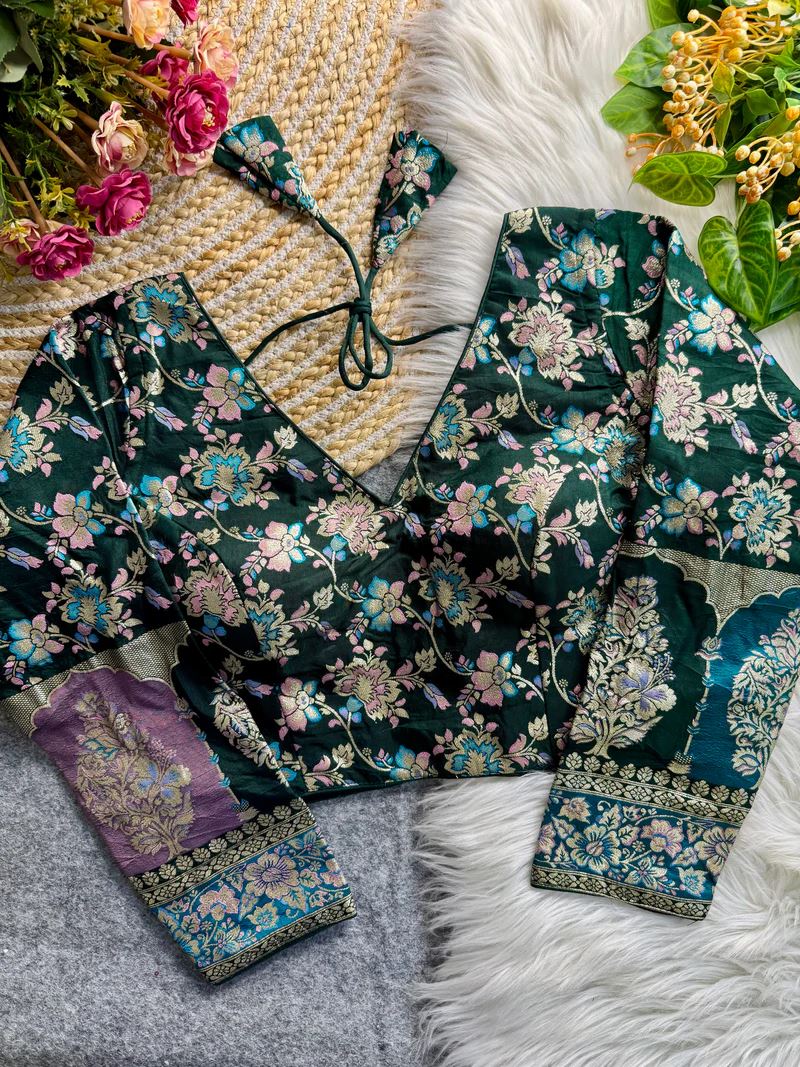 Bottle Green Soft Dola Silk Blouse with Woven Motifs & Full Sleeves