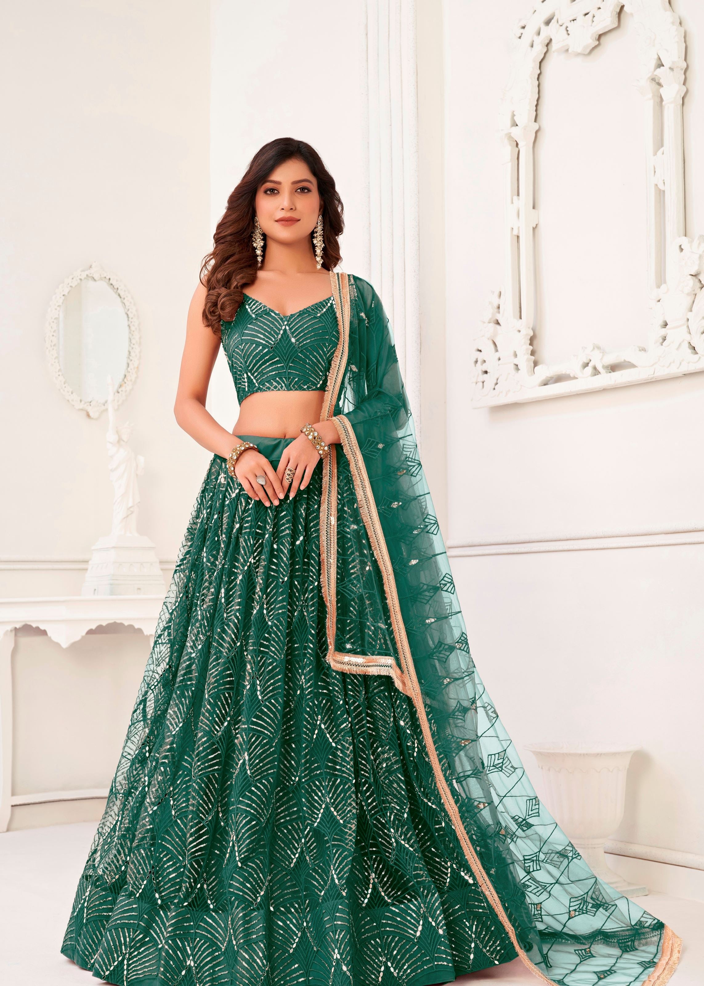 Bottlegreen Net Lehenga Choli With Thread Embroidery Real Mirror Work