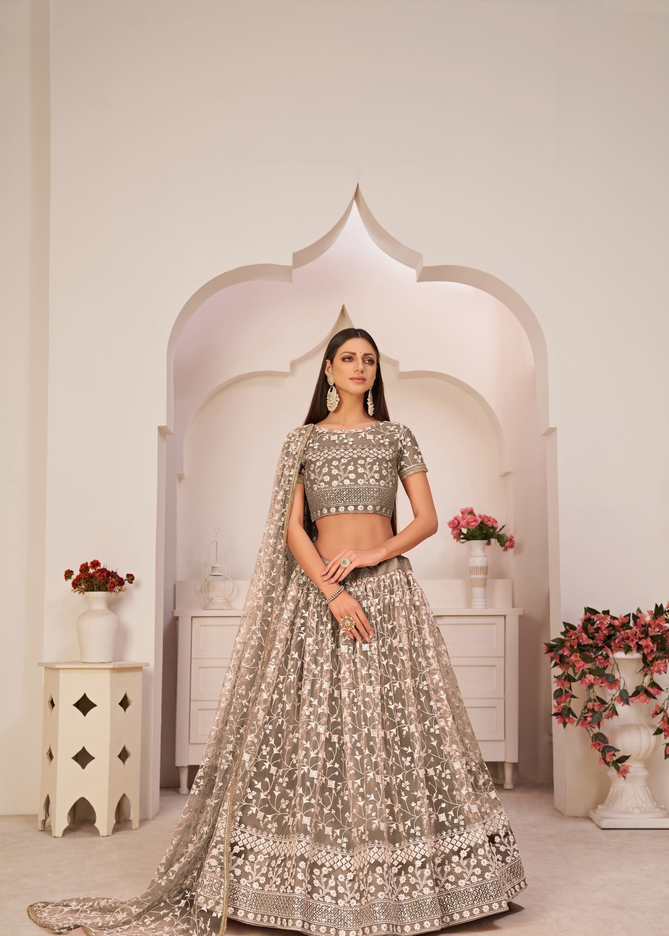 Brown Net Lehenga Choli With Thread And Zari Sandwich Sequence Embroidery Work