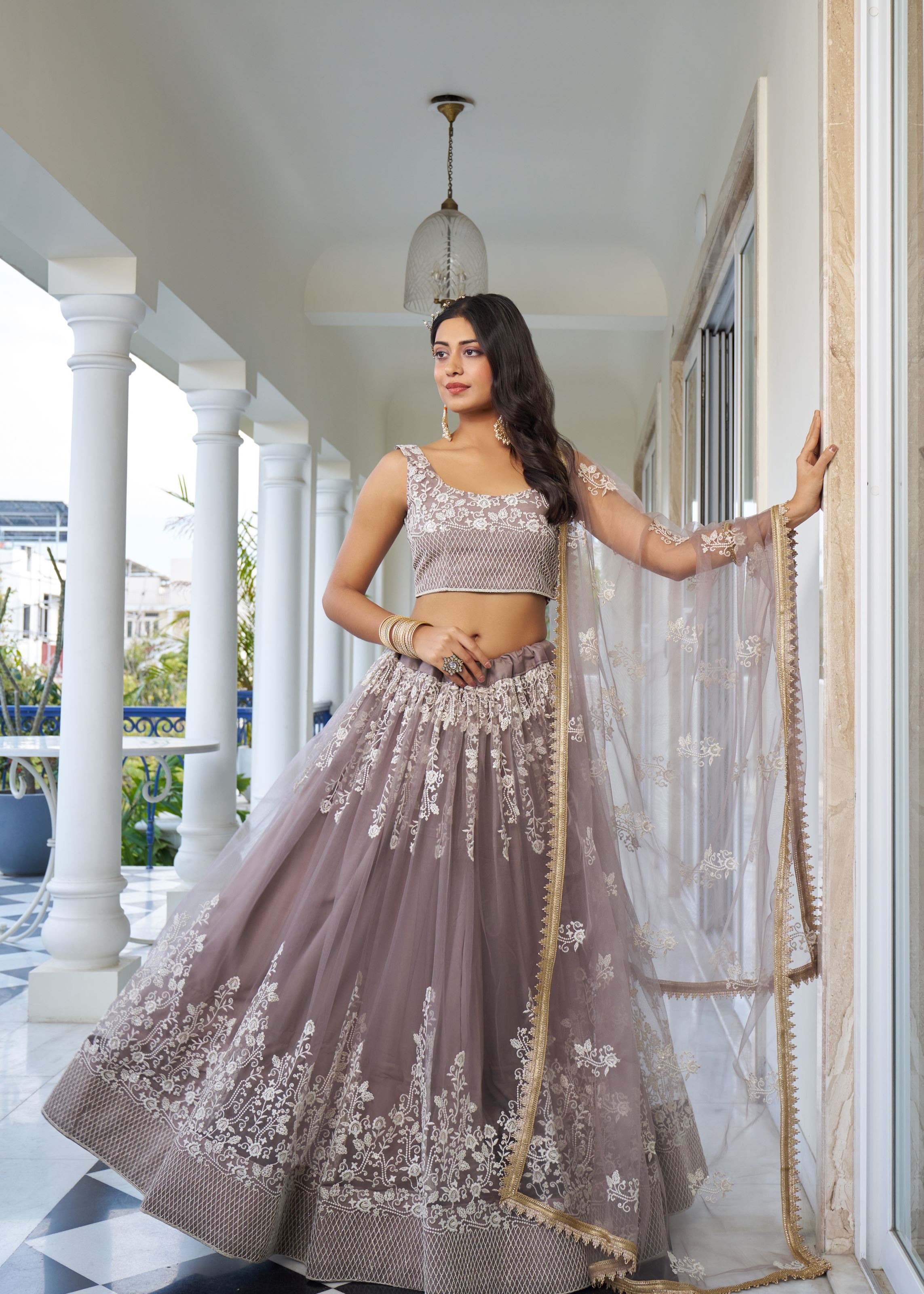 Brown Net Lehenga Choli With Thread Embroidery Work
