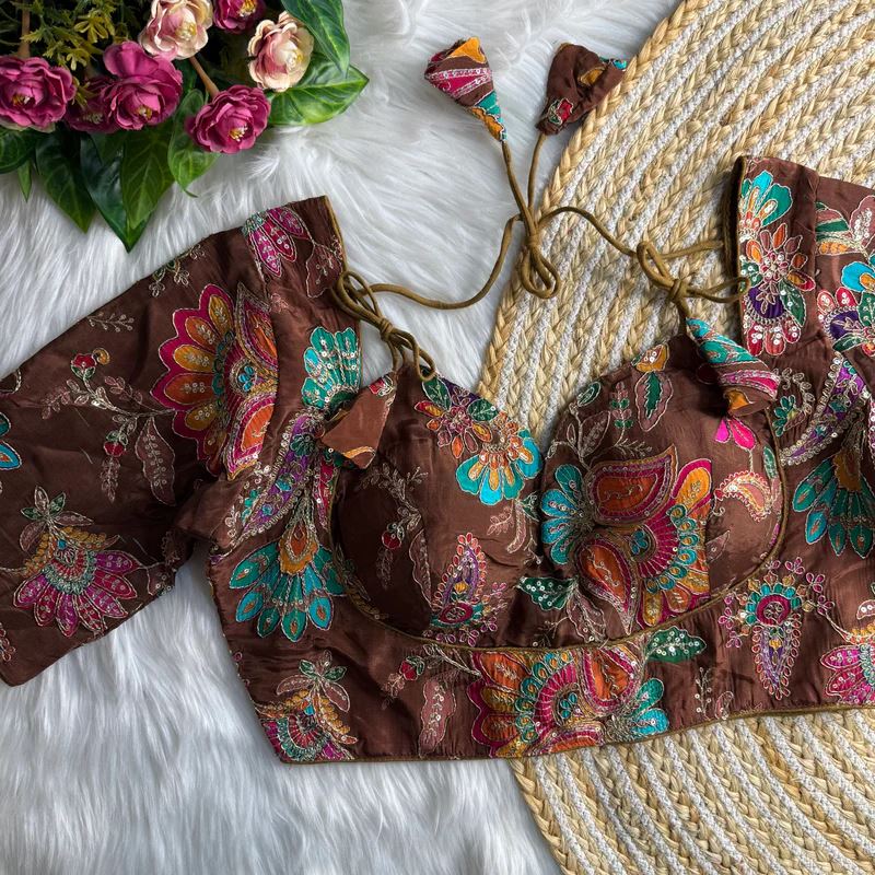 Brown Position Print Masaba Blouse With Codding & Sequence Work