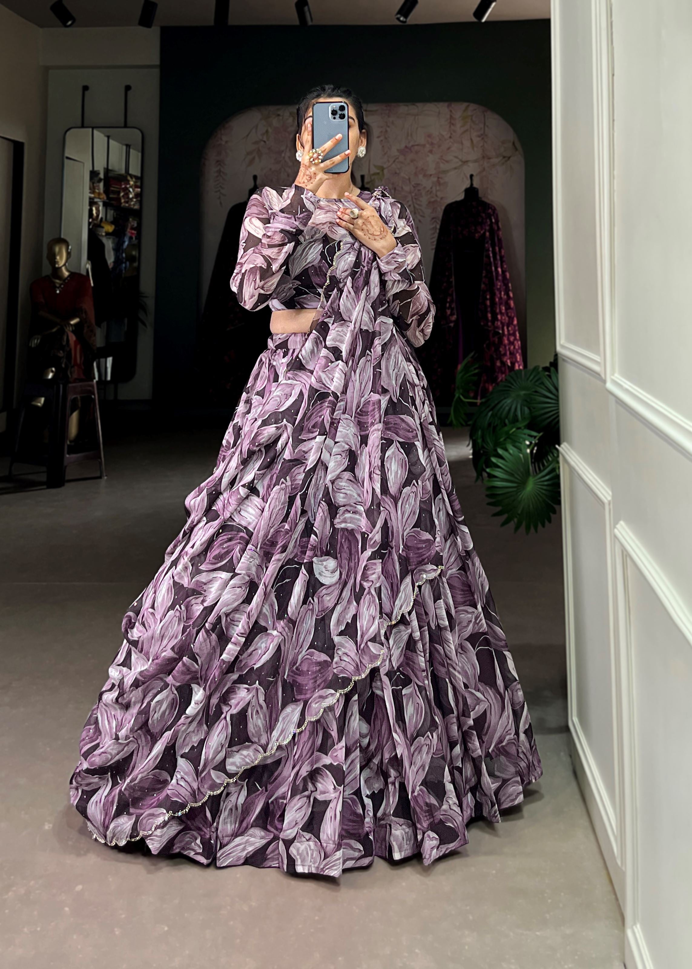 Coffee Elegance Printed Tabby Silk Lehenga with Hotfix Work