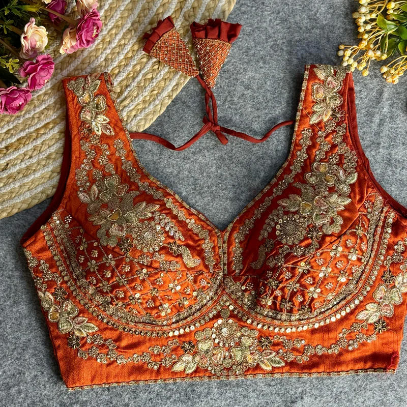 Copper Elegant Bridal Sabyasachi Blouse with Heavy Work -12"Sleeves Attached